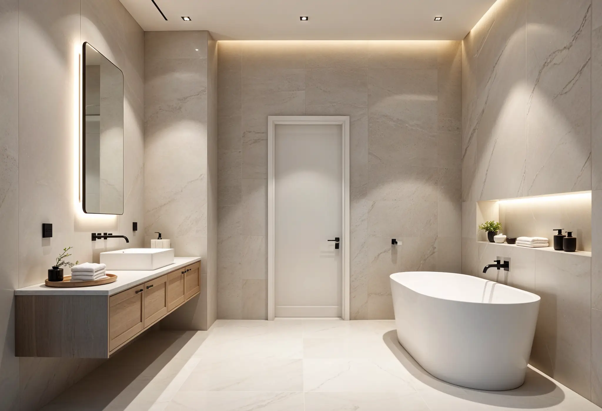 Contemporary Manhattan bathroom with textured stone and recessed lighting