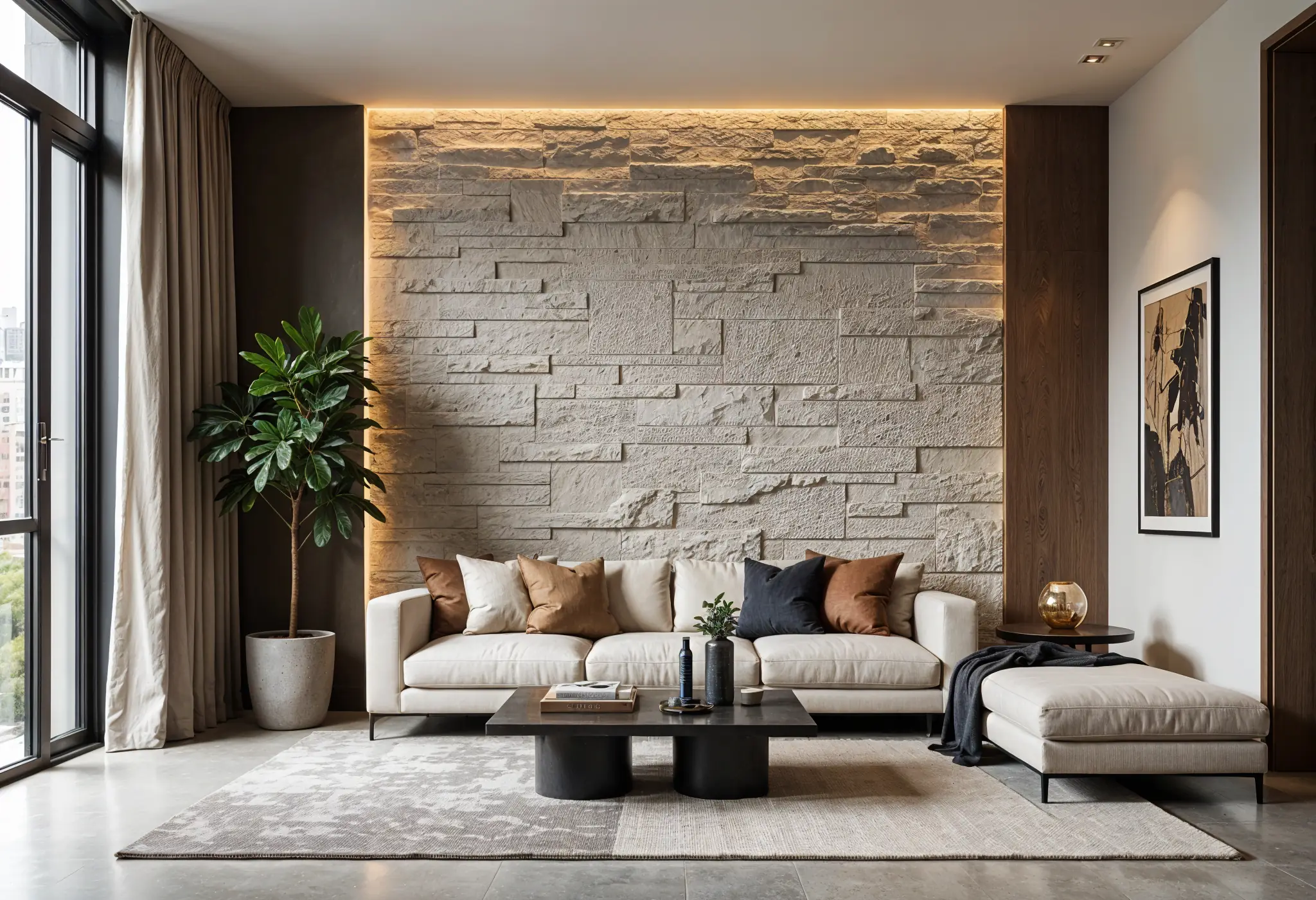 An ultra-realistic photo of a textured stone accent wall in a Manhattan condo, showcasing rugged natural panels that contrast elegantly with smooth concrete floors and minimalist furnishings.