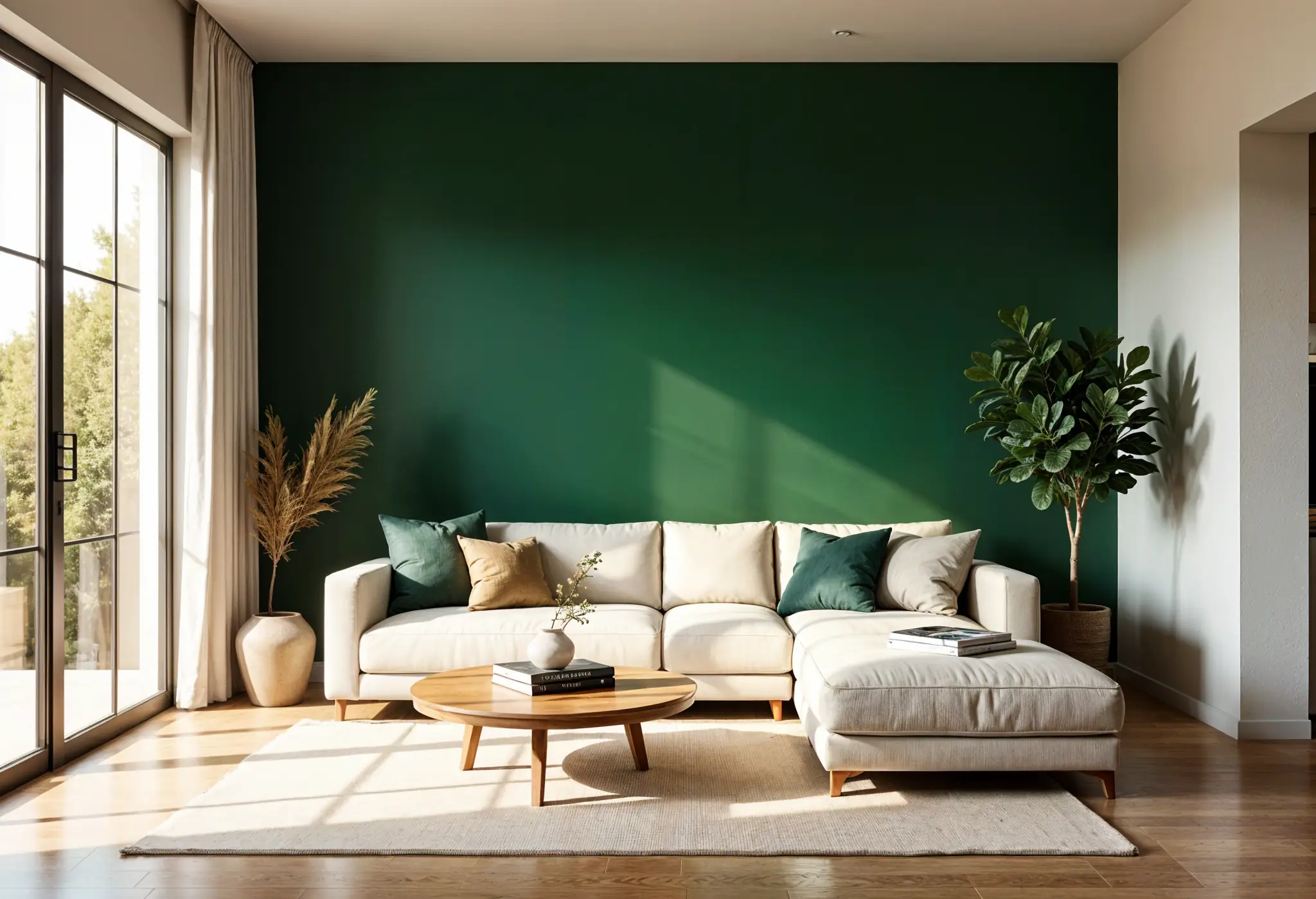 An ultra-realistic photo of a minimalist living room with a dark green accent wall behind the sofa, anchored by clean lines, soft textiles, and golden hour light streaming from a large west-facing window.