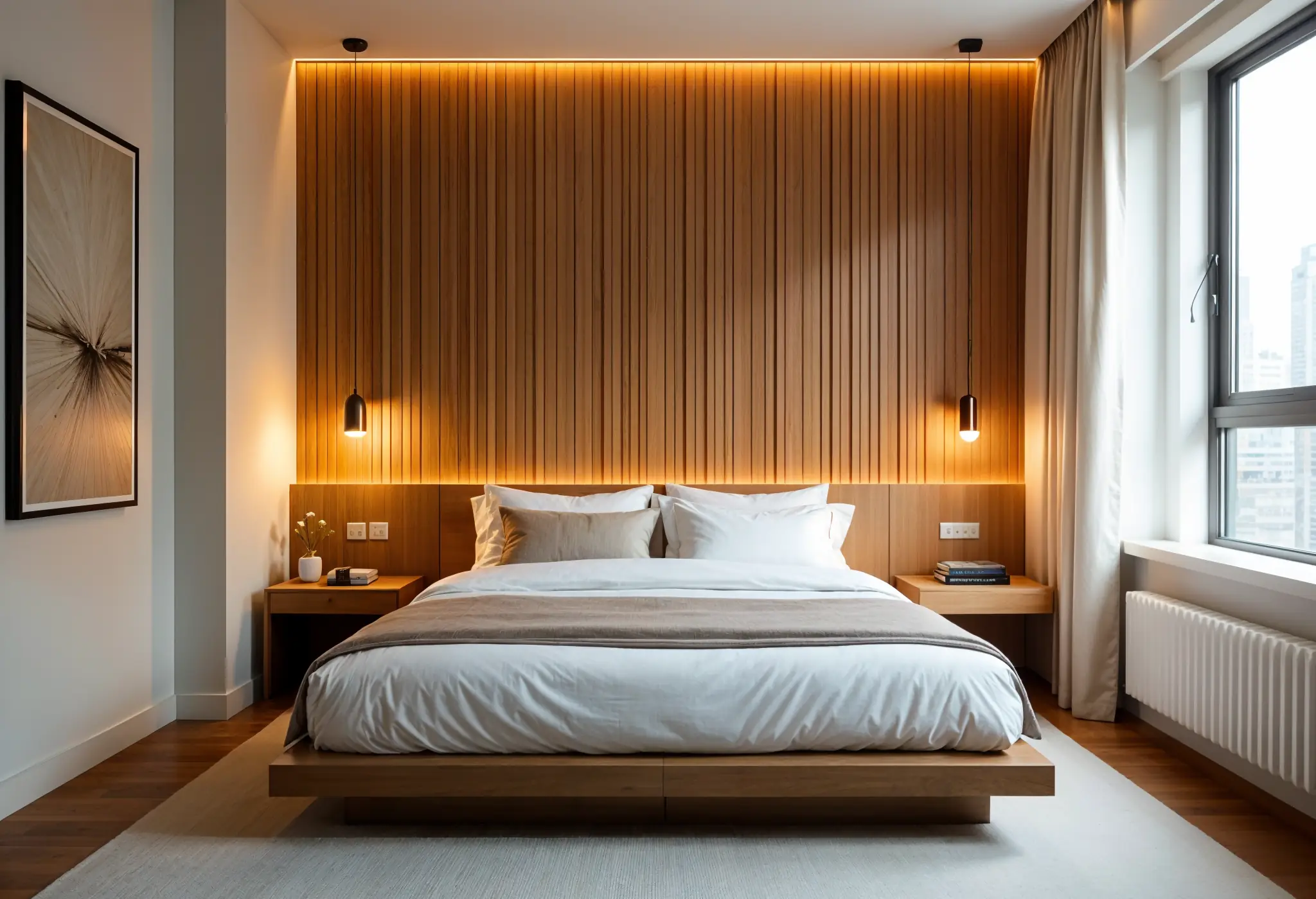 An ultra-realistic photo of a small Manhattan bedroom with a wood-panel accent wall behind the bed, arranged in warm vertical batten strips that enhance the room's height and intimacy.