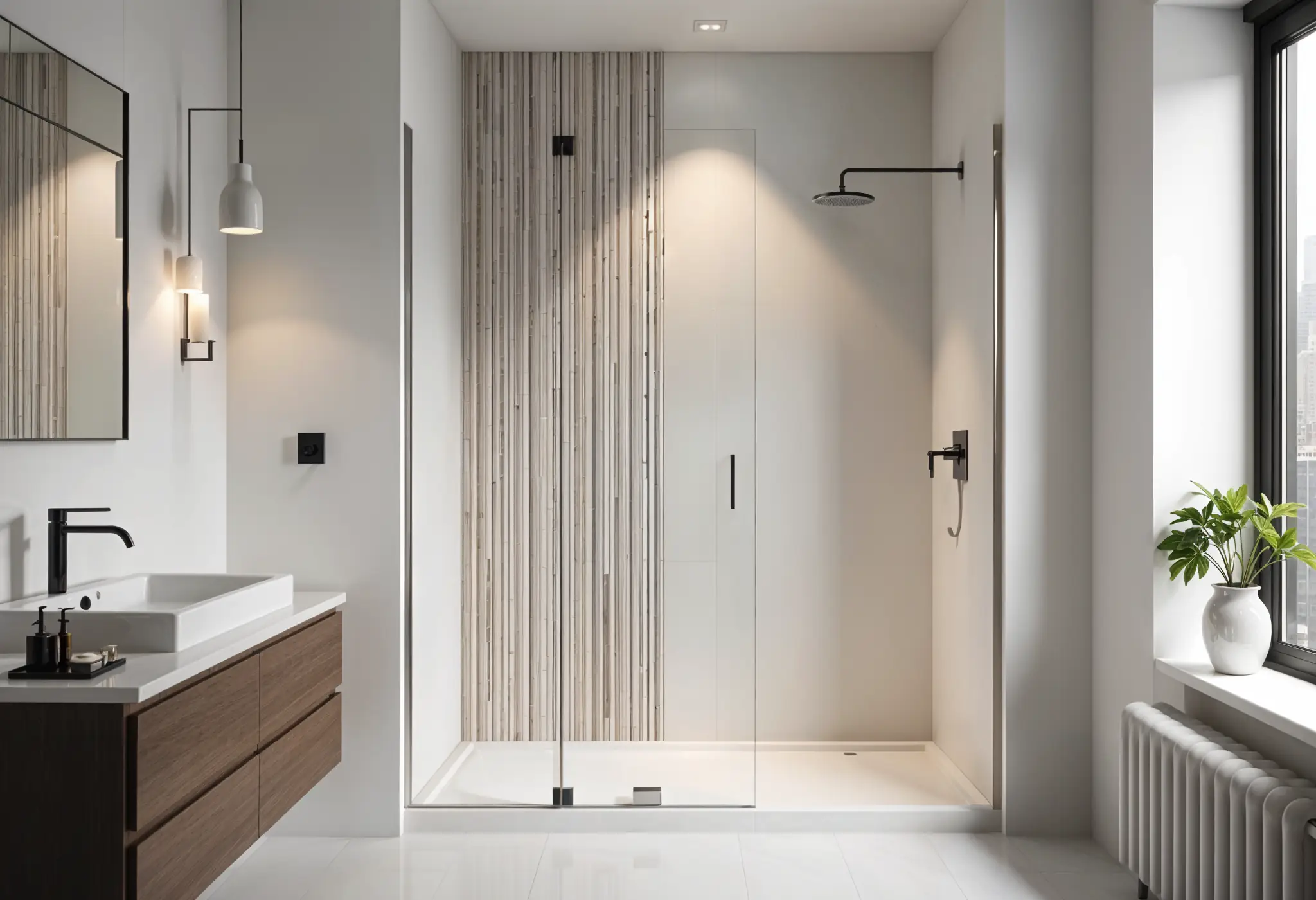 An ultra-realistic photo of a sleek Manhattan bathroom with porcelain tile accent wall in the shower, arranged in vertical stack bond pattern, balancing utility with aesthetic grace.