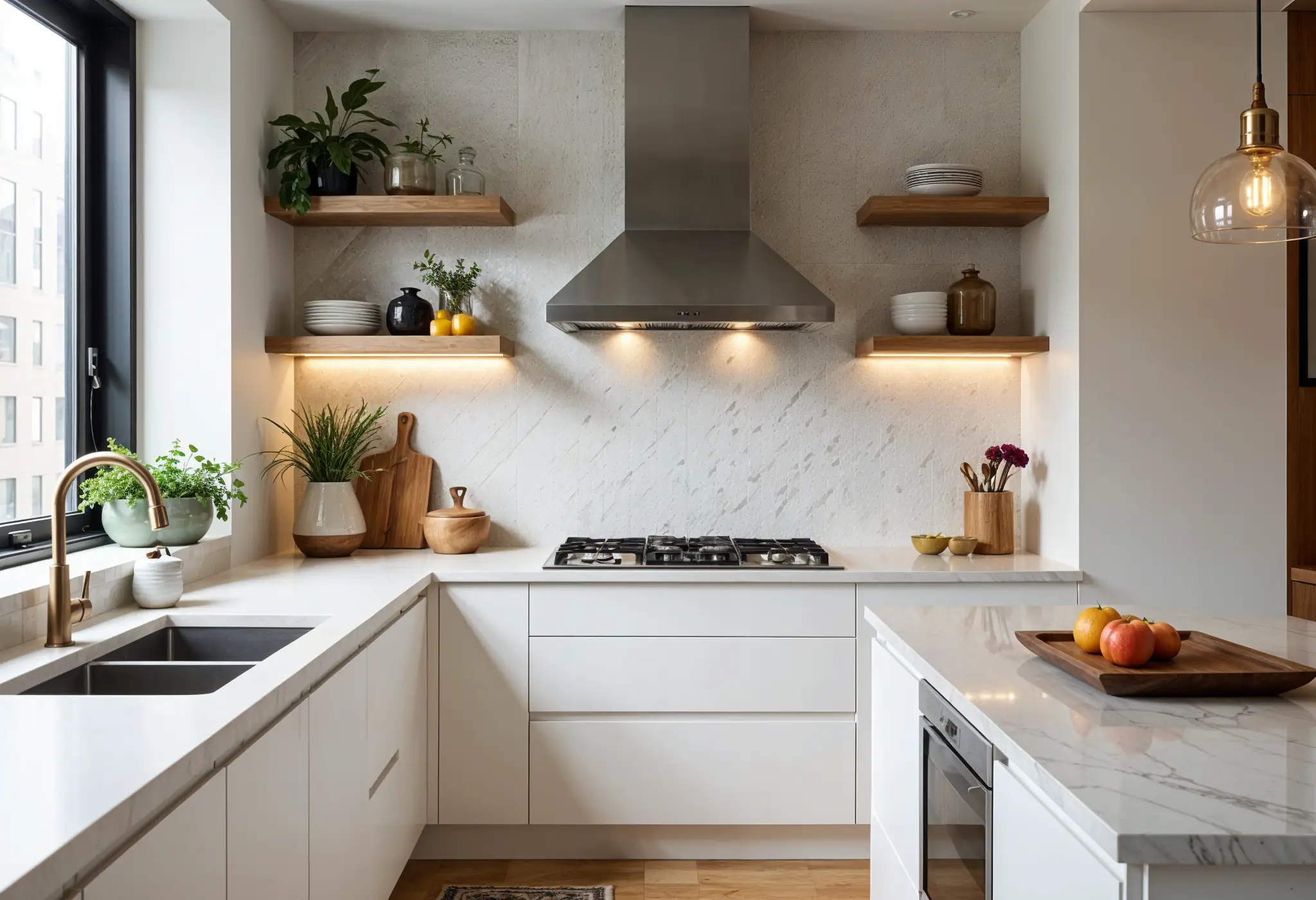 An ultra-realistic photo of a modern kitchen in Manhattan with a full-height backsplash tile accent wall, blending geometric ceramic tiles with floating wood shelves for texture and contrast.