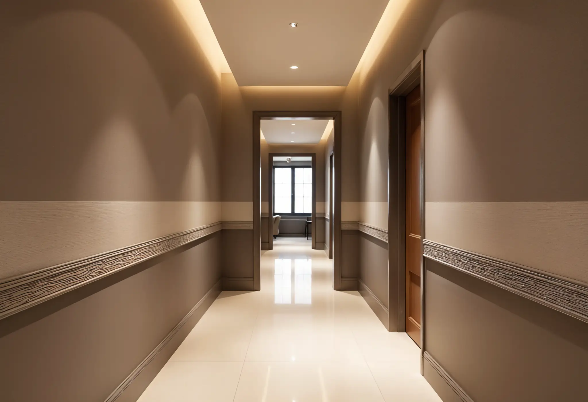 An ultra-realistic photo of a hallway in a Manhattan condo with horizontal striped accent wall at eye level, using muted tones to elongate the corridor visually while reflecting indirect lighting.