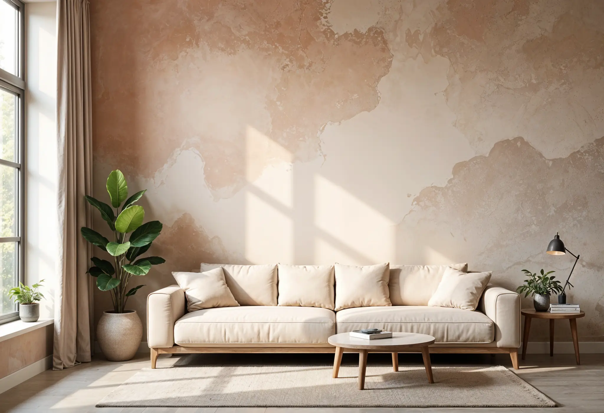 An ultra-realistic photo of a living room accent wall made from Venetian plaster catching morning light, highlighting tactile variations and tonal shifts from peach to ash gray.
