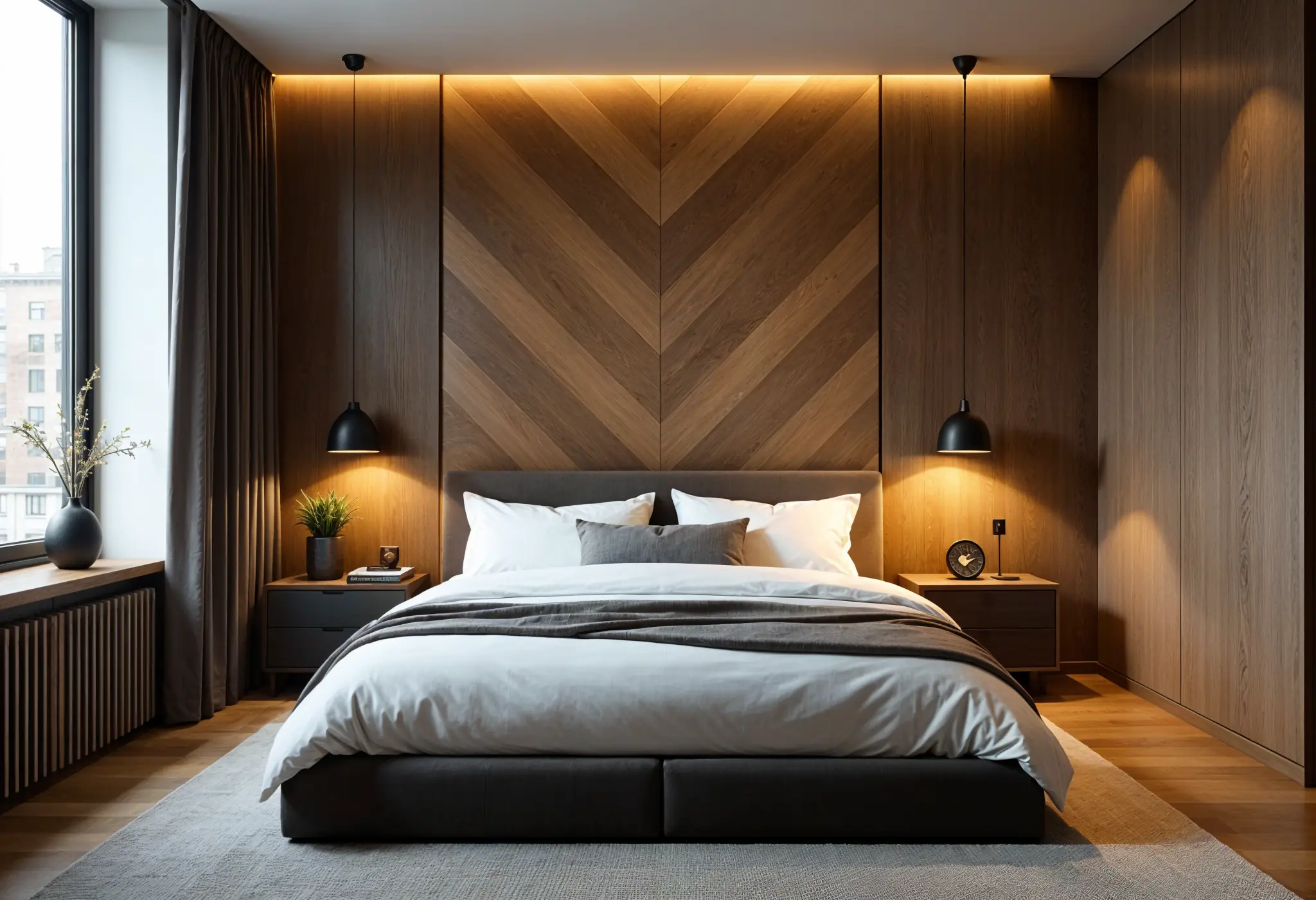 An ultra-realistic photo of a herringbone wood accent wall in a compact Manhattan master bedroom, combining oak planks and matte black lighting for a luxe-meets-cozy effect.