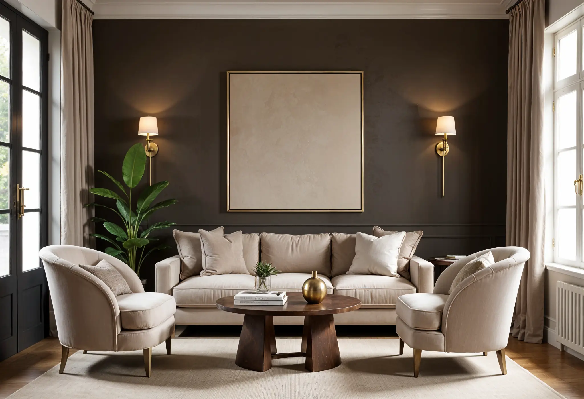 An ultra-realistic photo of a Cinnamon Slate-painted accent wall paired with luxury brass sconces, adding bold contrast to soft taupe furnishings in a transitional interior.