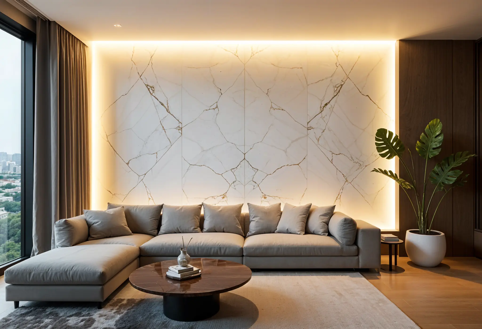 An ultra-realistic photo of a backlit marble accent wall in a luxury condo living space, where LED strip lighting creates ambient glow through veined white stone.