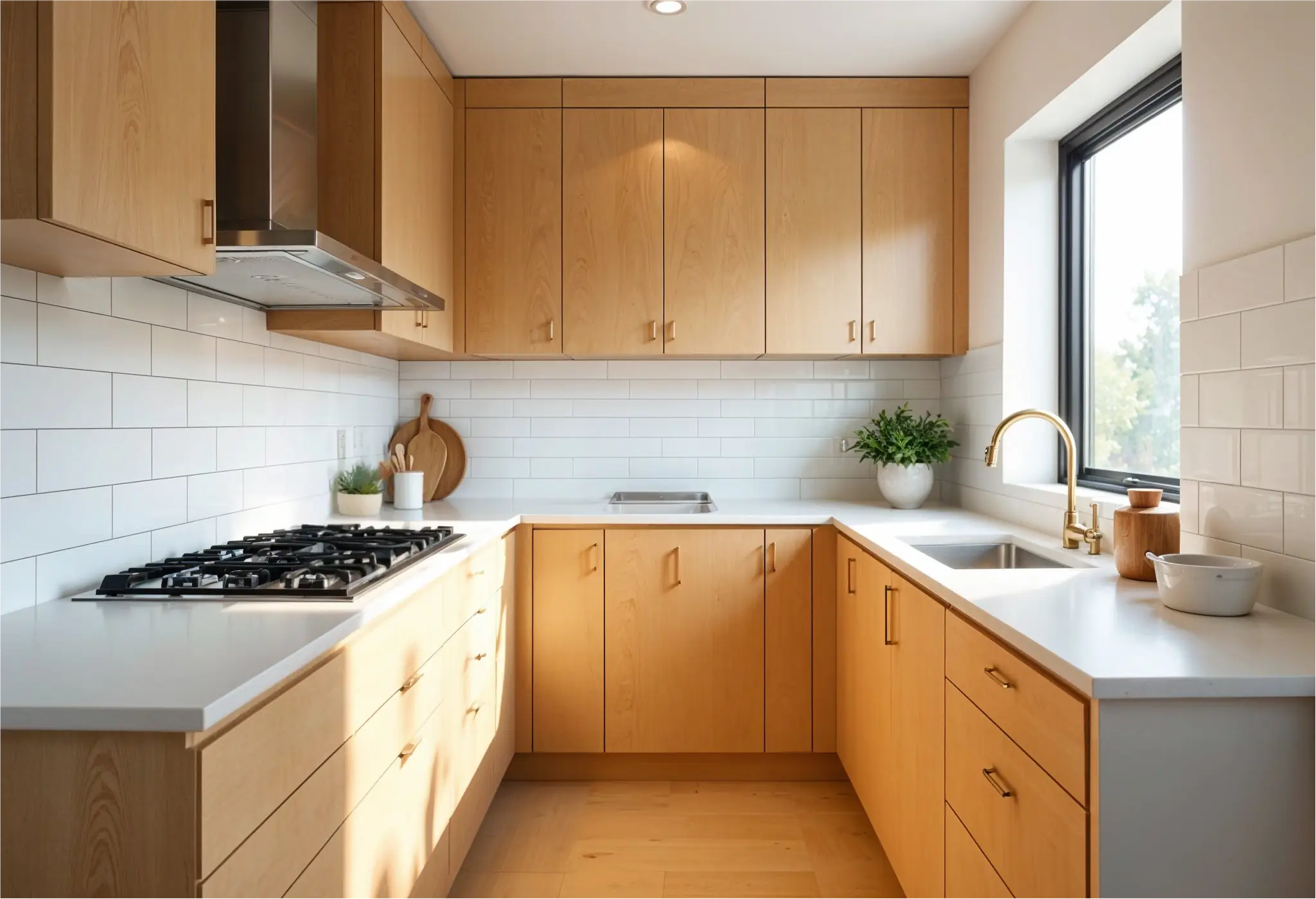 Ultra-realistic light maple wood cabinets in a compact New York City kitchen with quartz countertops and white tile backsplash.