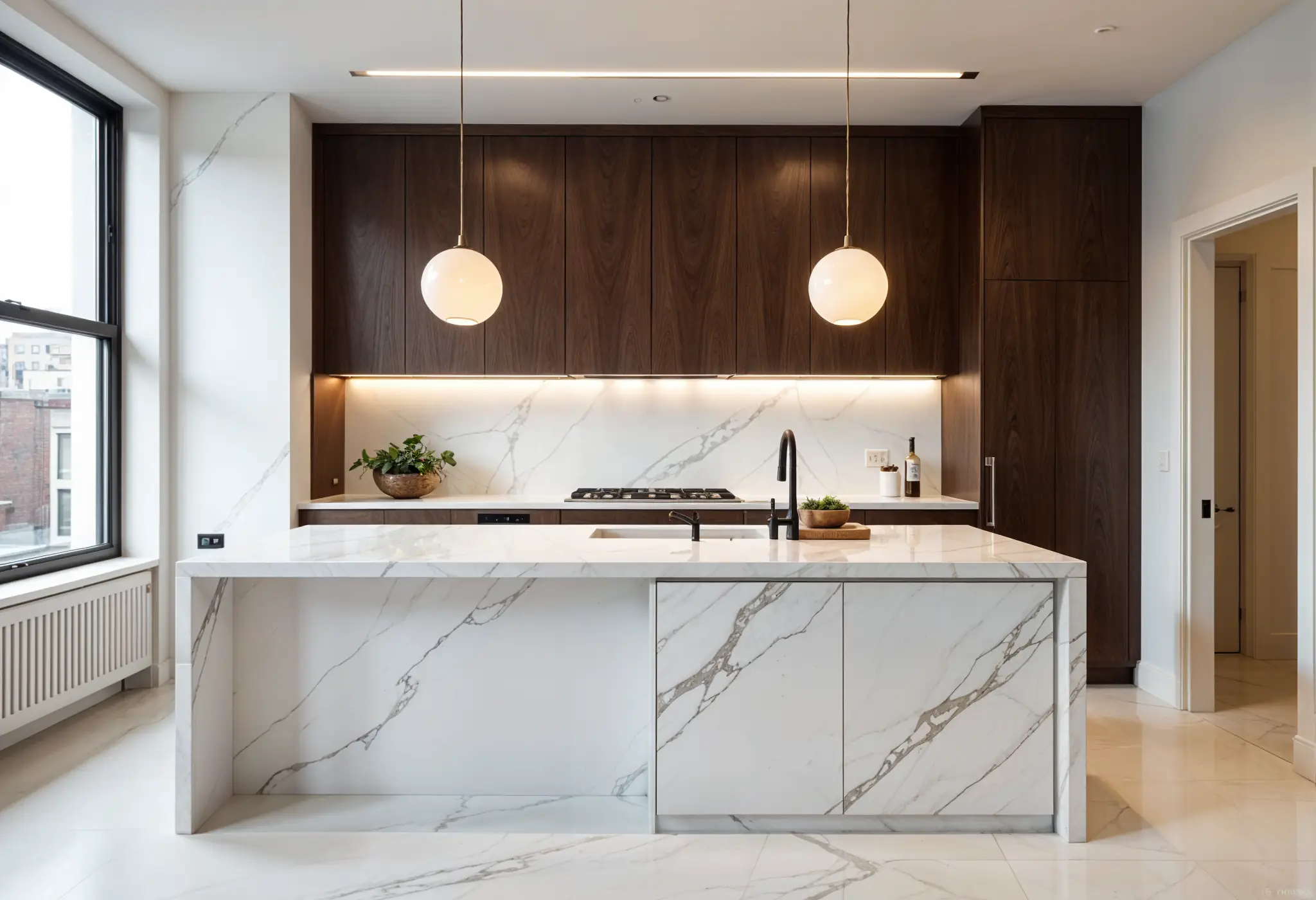 Ultra-realistic photo of walnut kitchen cabinets with marble countertops and pendant lighting in a New York loft.