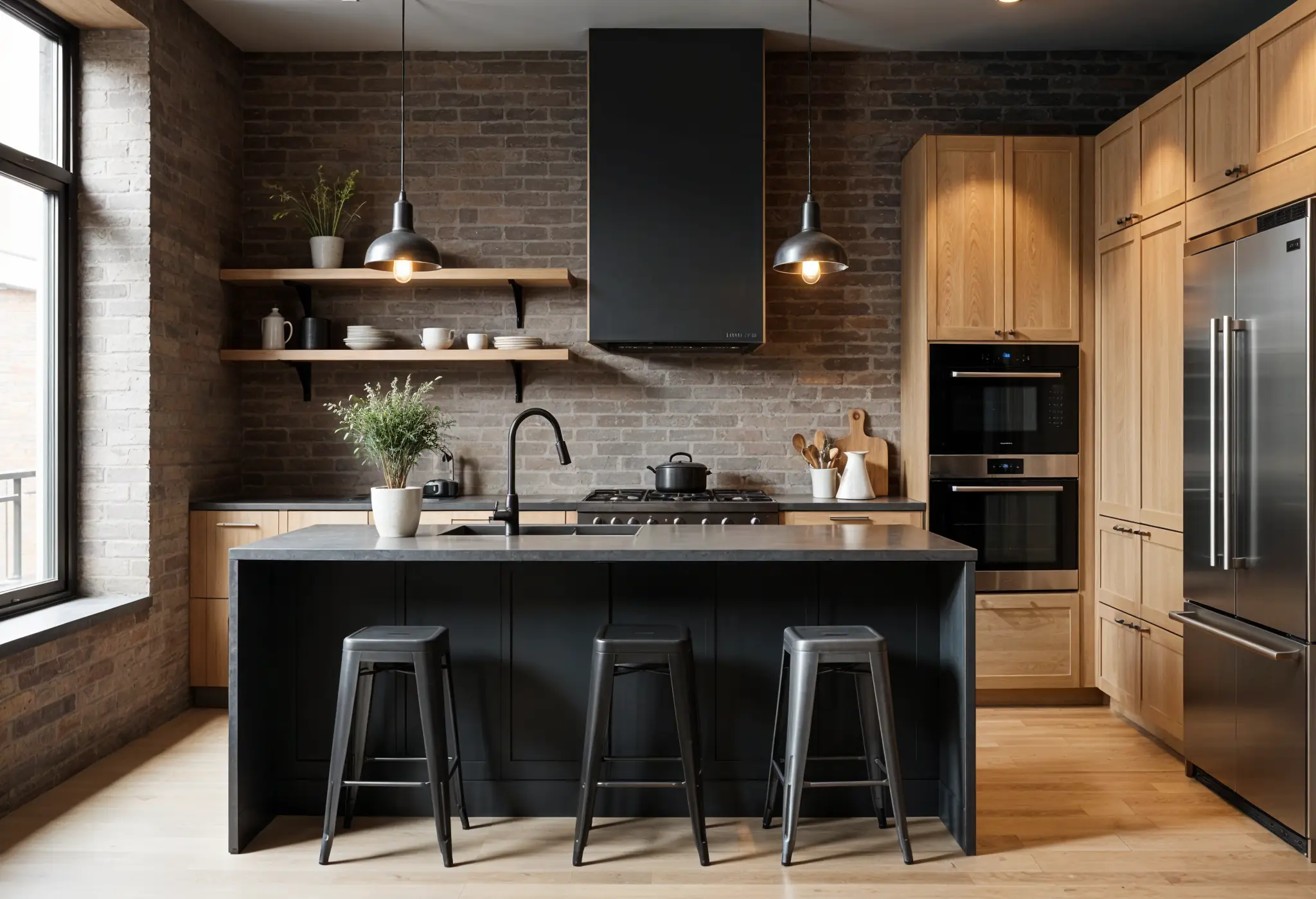 Ultra-realistic image of a modern NYC kitchen with oak cabinets, black island, metal accents, and floating glass shelves.