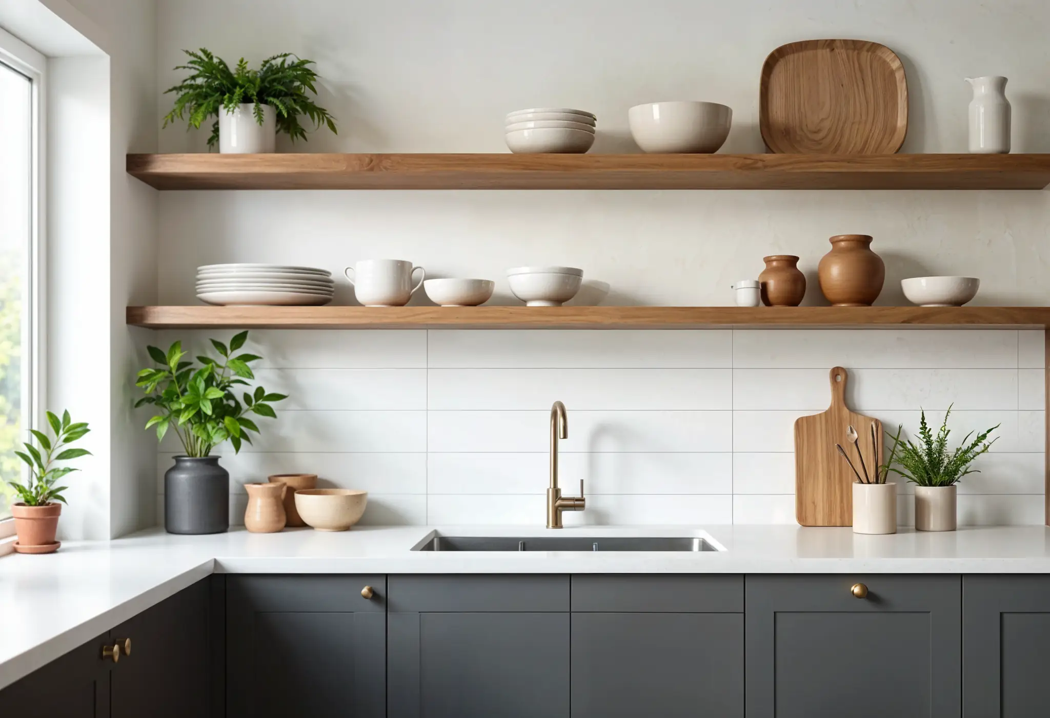 Ultra-realistic photo of kitchen open wood shelves with decor items above modern matte wood cabinetry.