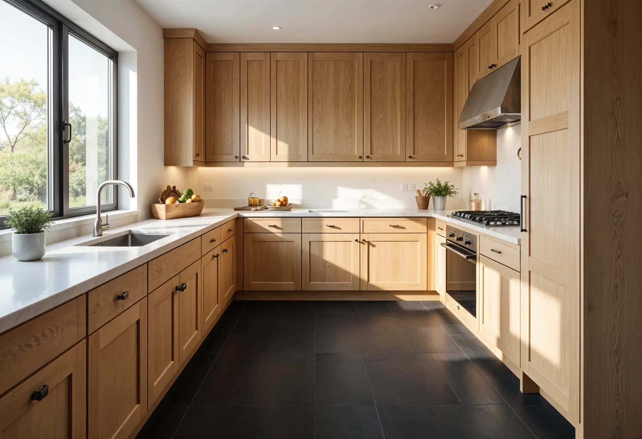 Ultra-realistic image of white oak cabinets and dark tile floor in a modern NYC kitchen.