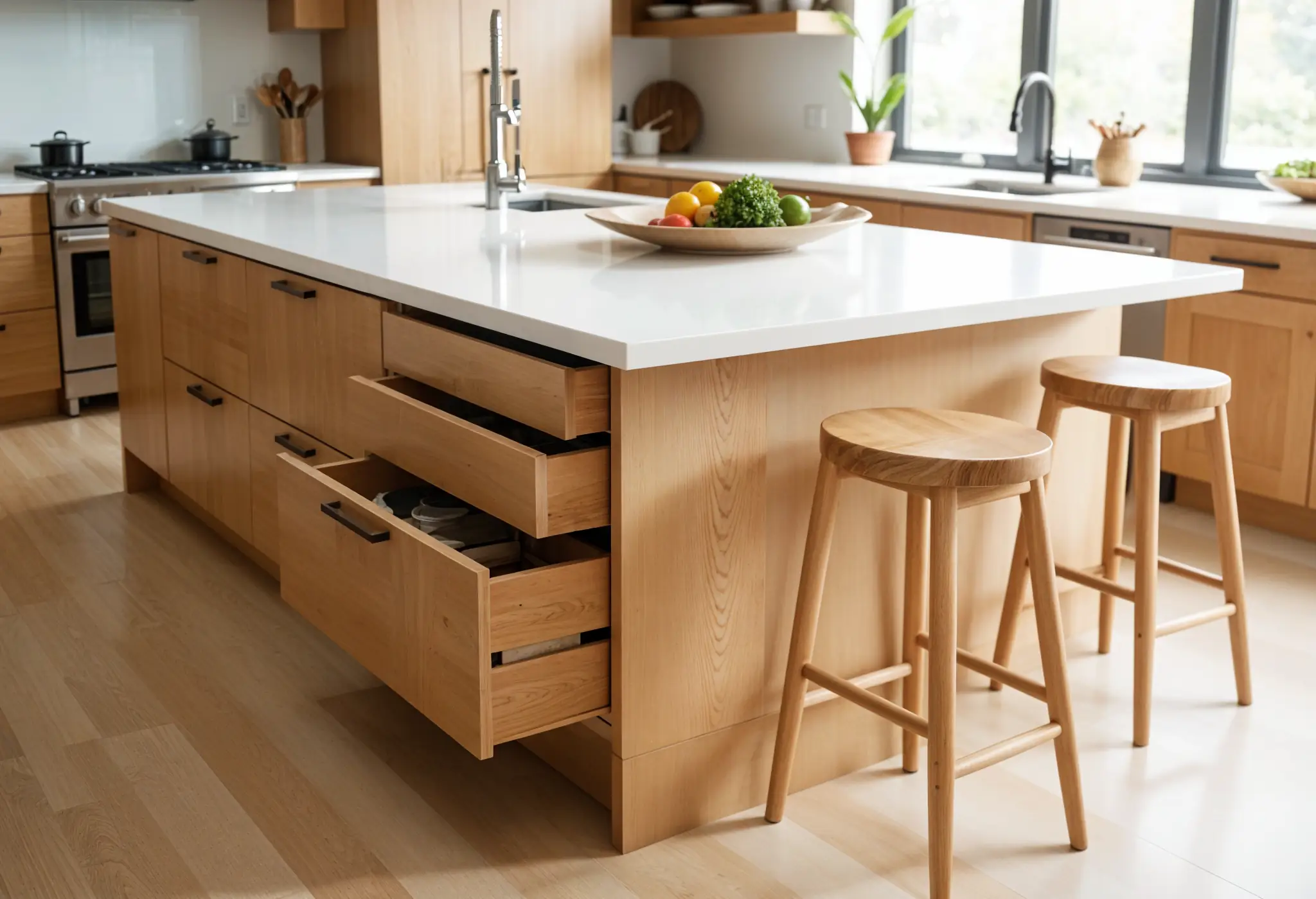 Ultra-realistic kitchen island with built-in wood cabinetry and quartz countertop.