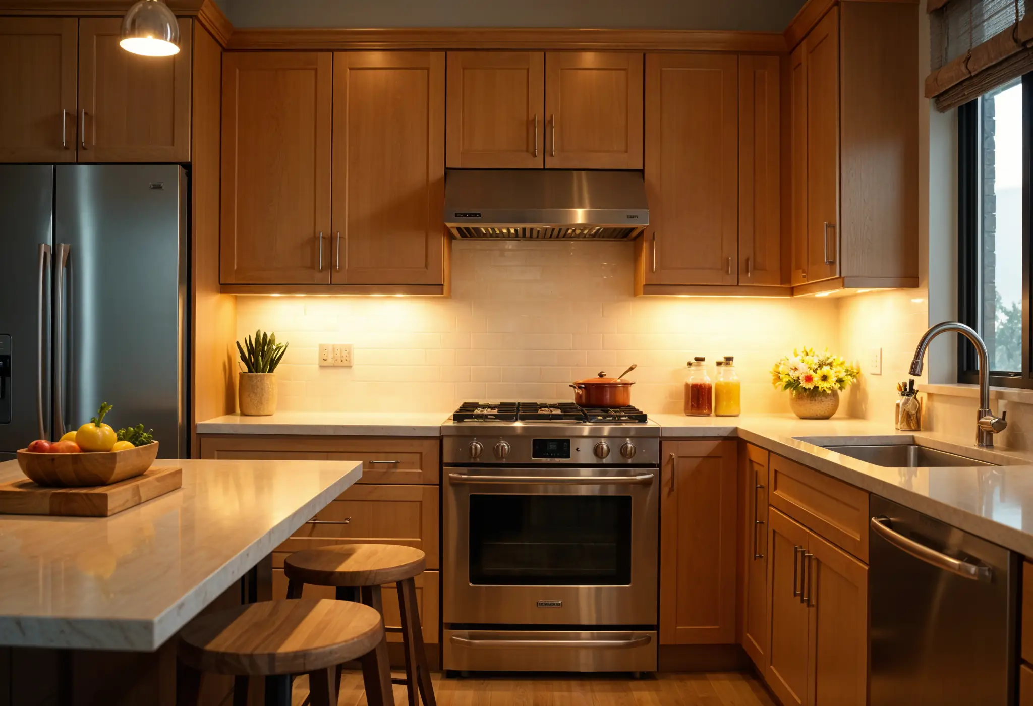 Ultra-realistic image of wood cabinets with under-cabinet LED lighting in a modern kitchen.