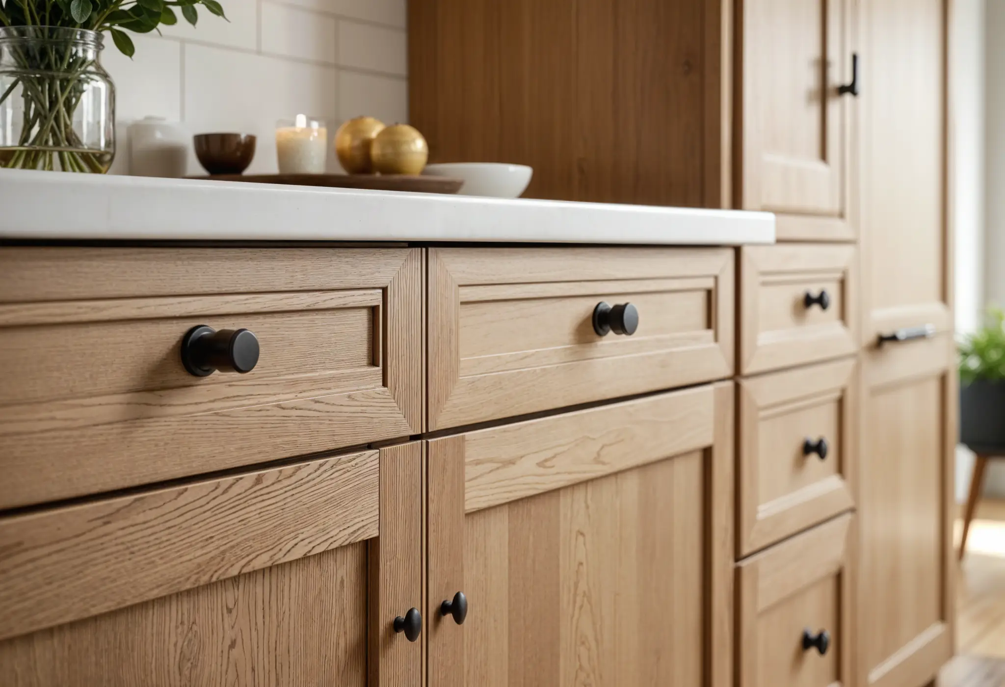 Ultra-realistic kitchen cabinet hardware mix of matte black and brass on oak cabinets.