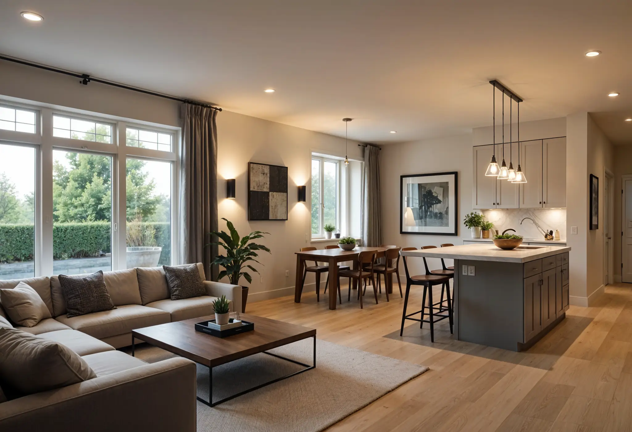 Open concept loft with layered lighting including ambient, task, and accent lighting