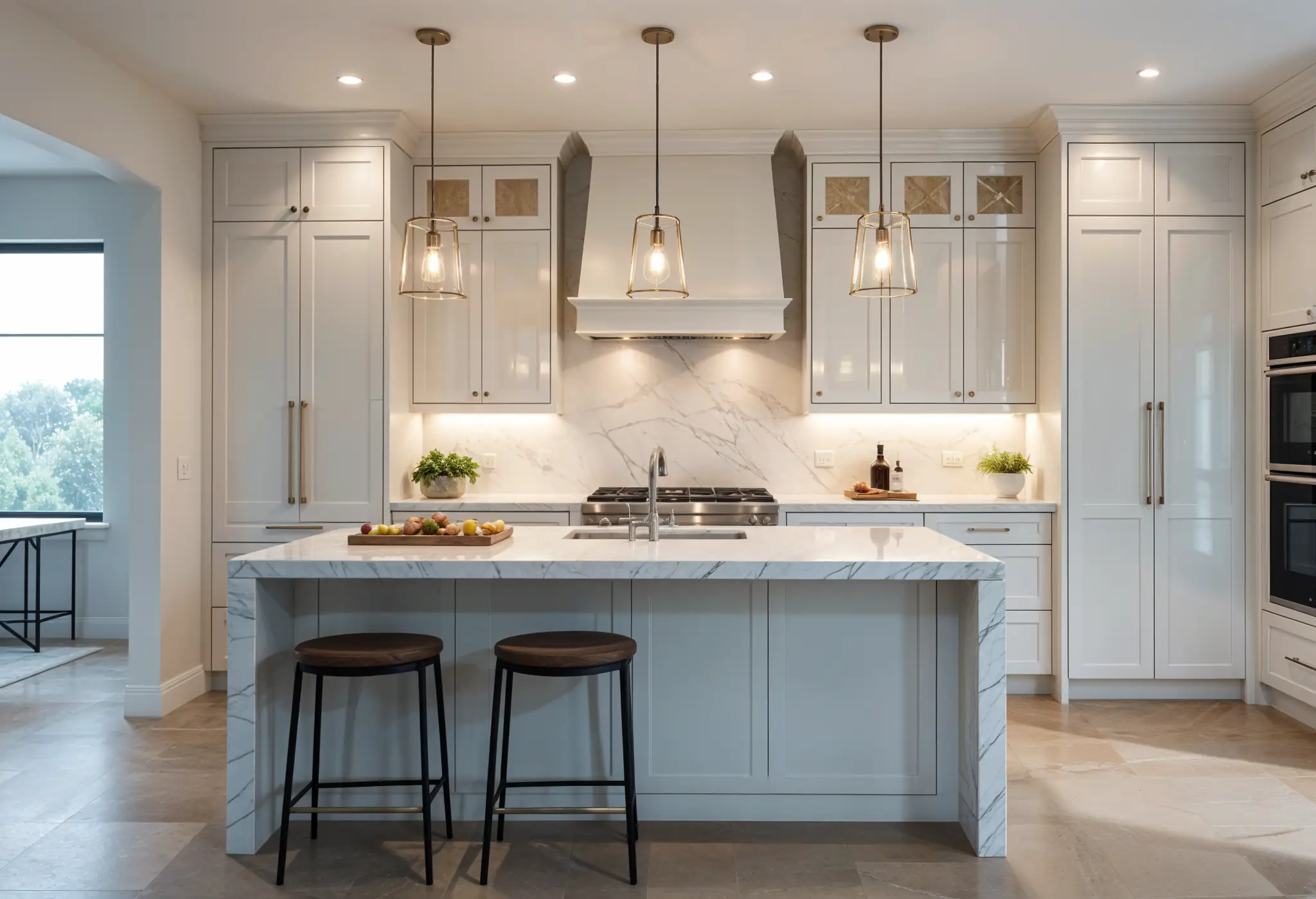 Luxury kitchen with pendant lights and under-cabinet LEDs