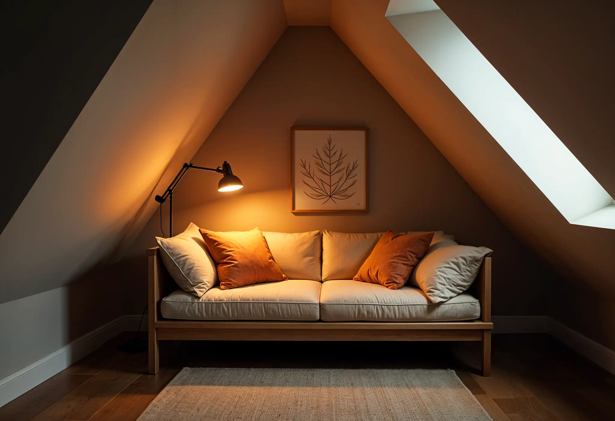 Reading nook in a luxury loft with task lamp and ambient lighting