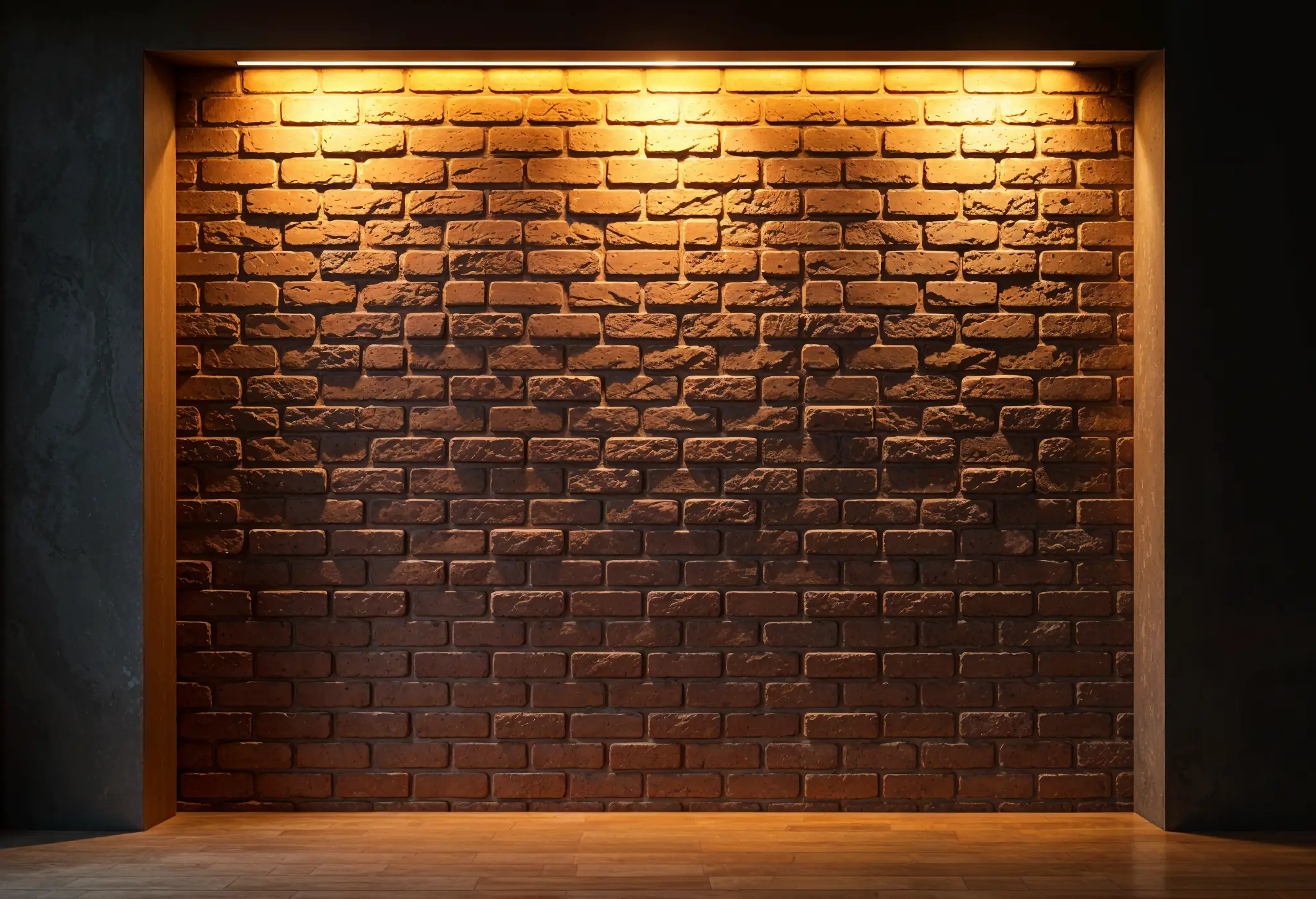 Brick accent wall in loft with LED strip lighting