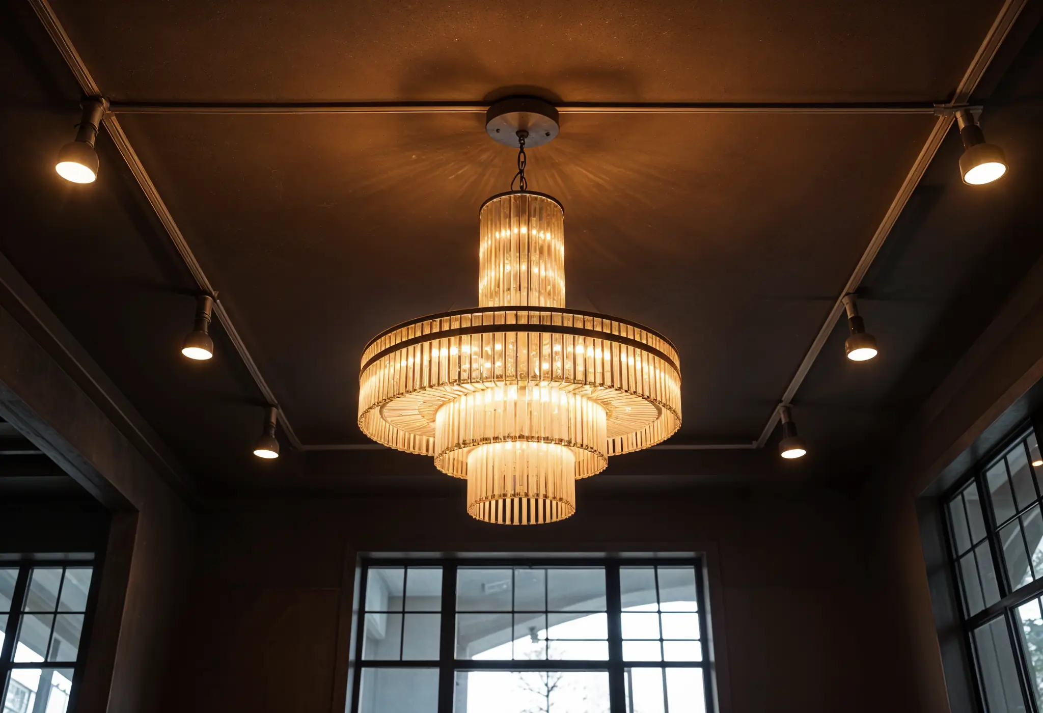 Loft ceiling with chandelier and ambient downlighting