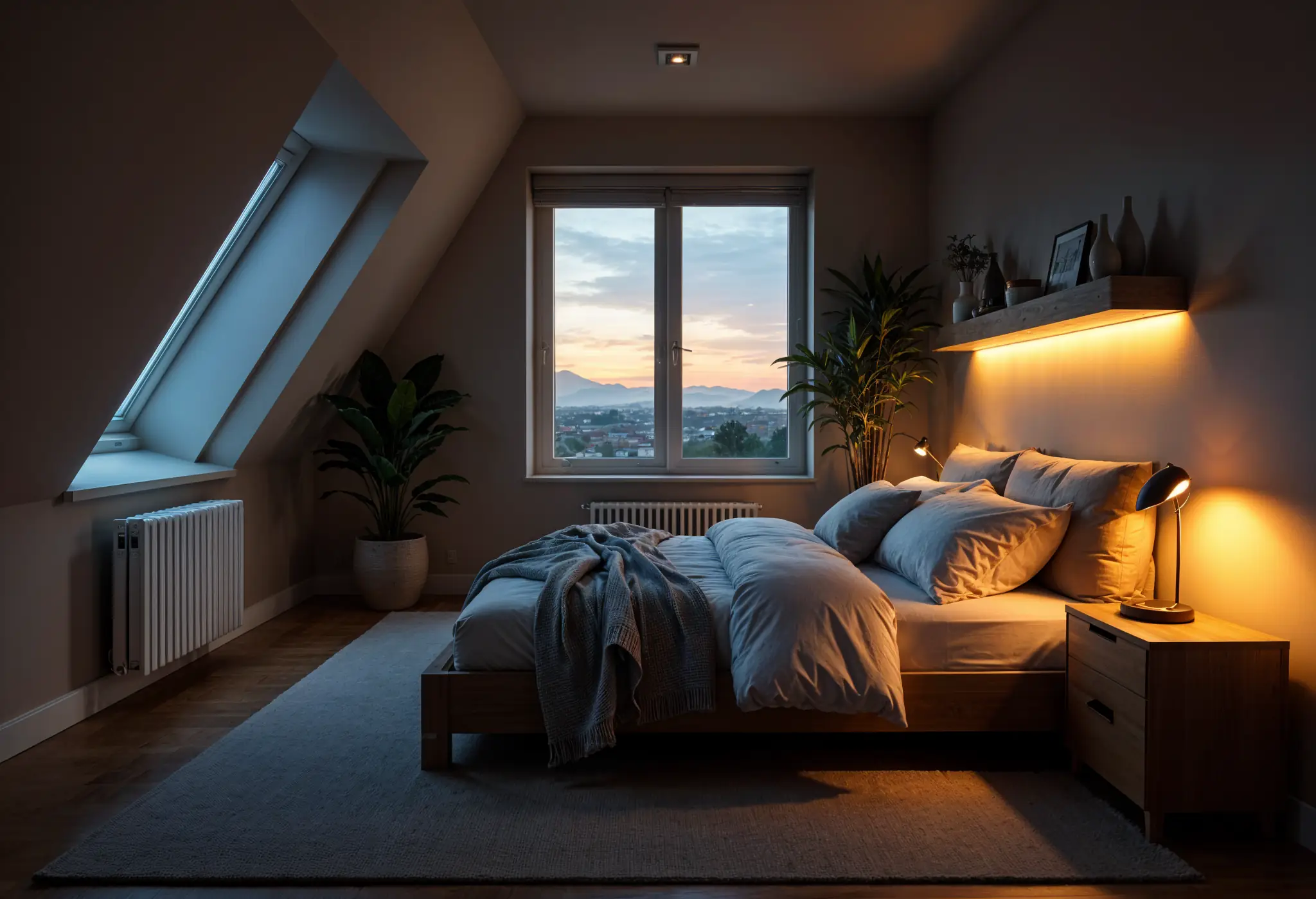 Loft bedroom with ambient, task, and accent lighting