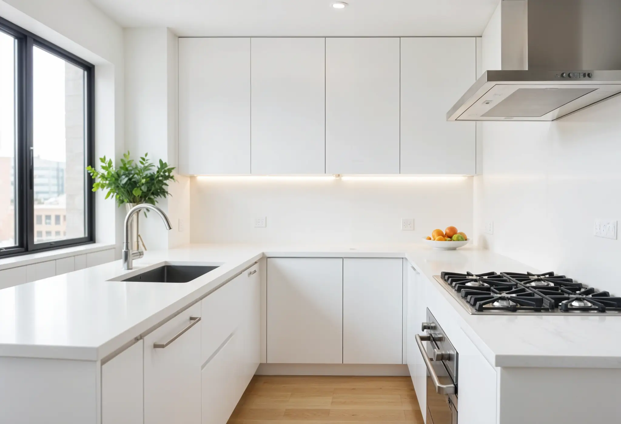 Modern kitchen with a 4-inch white backsplash and minimalist white cabinets.