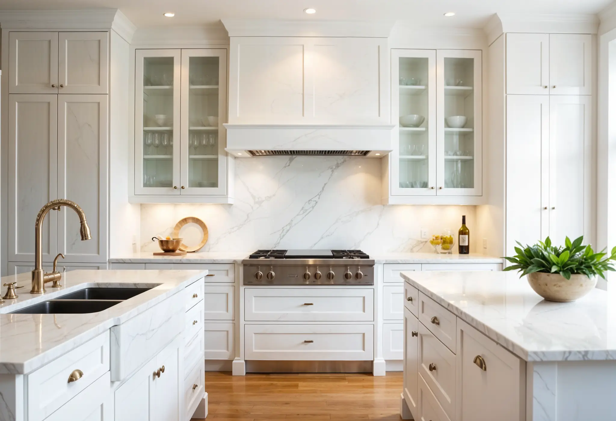 Ceiling-height Calacatta marble backsplash with dramatic veining.