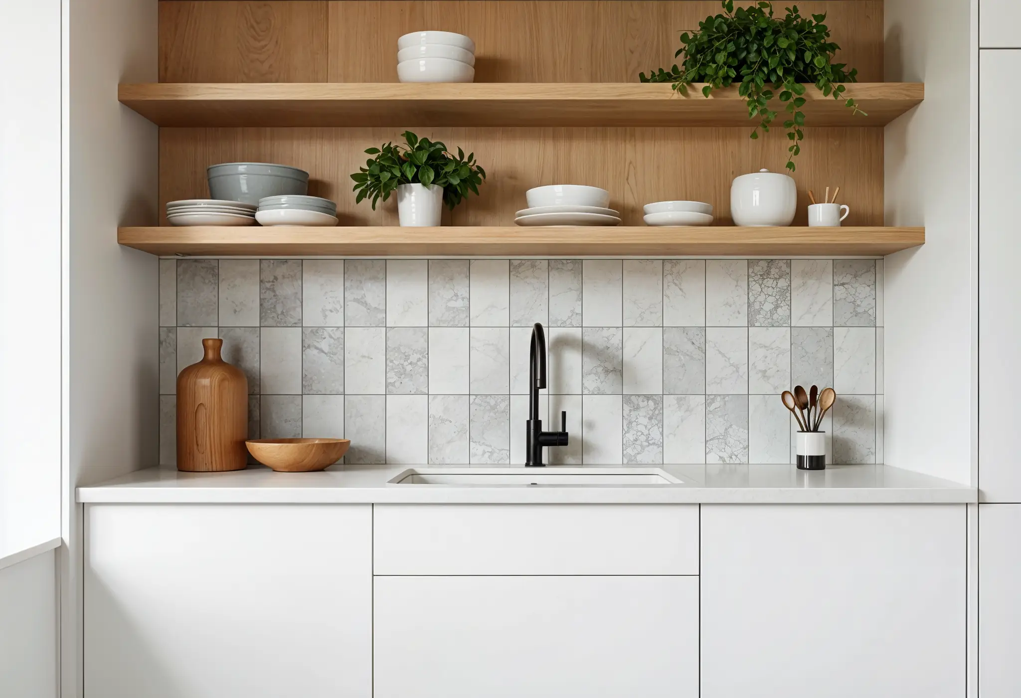 Mid-height gray Zellige tile backsplash with open wood shelves above.