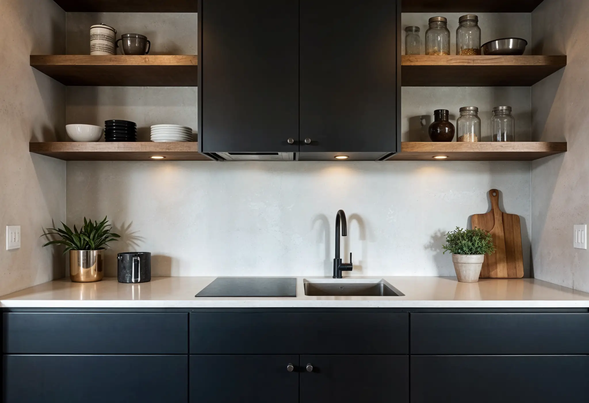 Mid-height concrete backsplash in black minimalist kitchen.