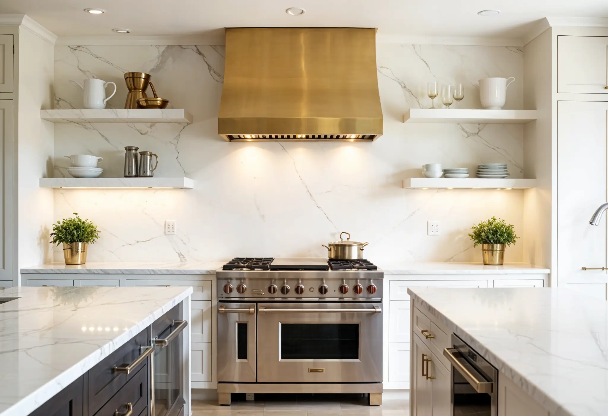 Ceiling-height marble backsplash with range hood in luxury kitchen.