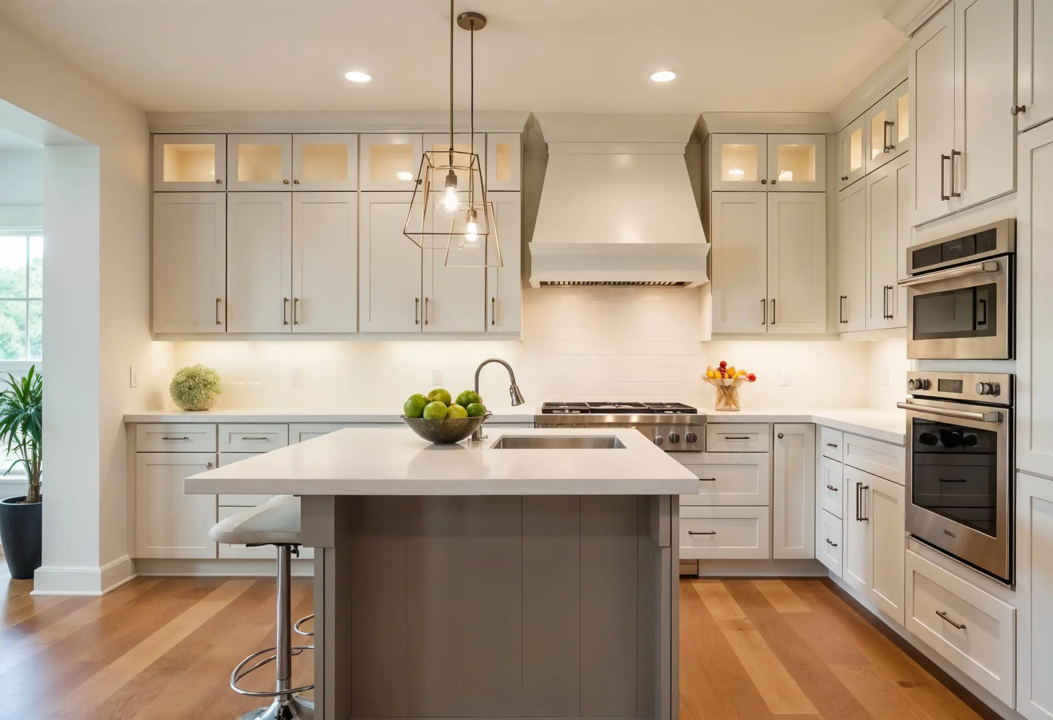 L-shaped kitchen with 18-inch backsplash aligned with tall cabinets.