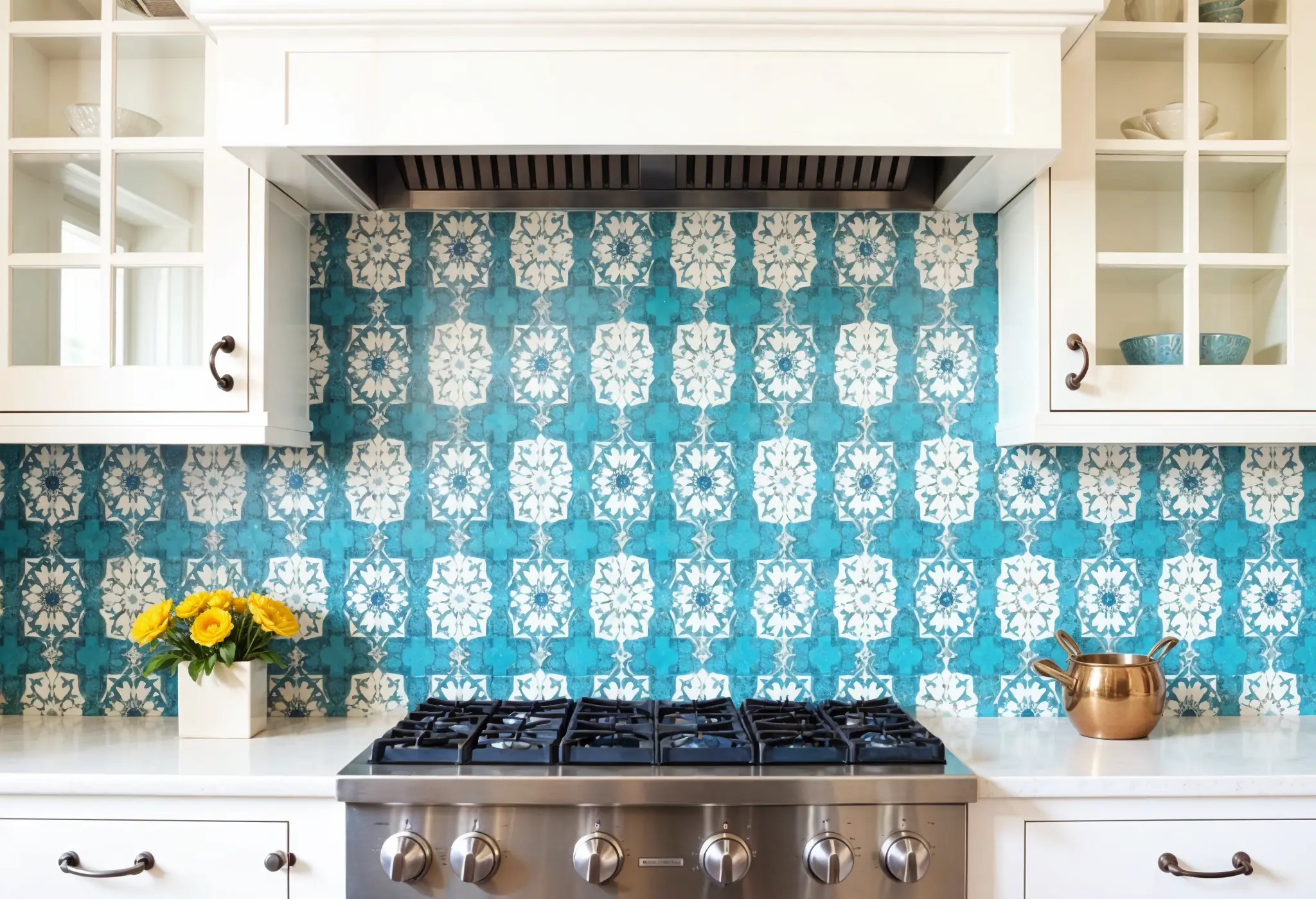 Full-height Moroccan tile backsplash behind gas cooktop.