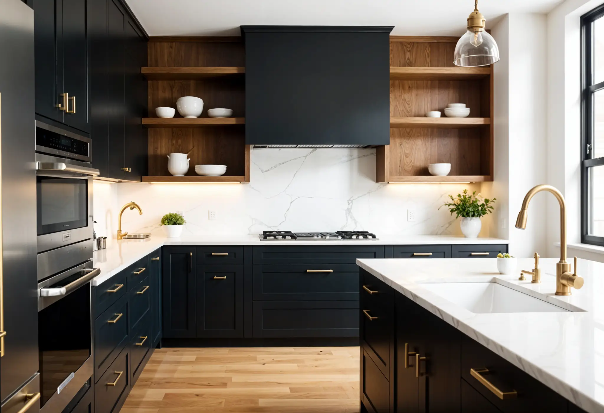 Luxury kitchen with matte black lower cabinets, white marble countertops, brass hardware, and pendant lighting