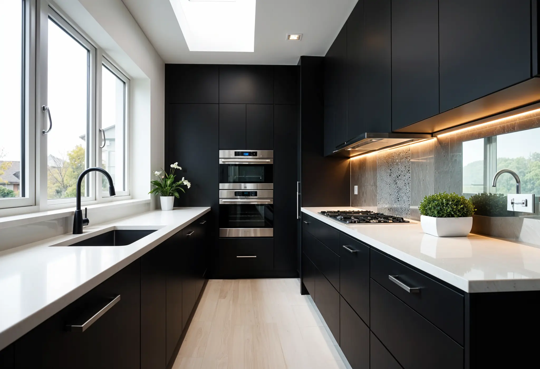 Galley kitchen with matte black full-height cabinets, chrome hardware, LED shelf lighting, and mirrored backsplash