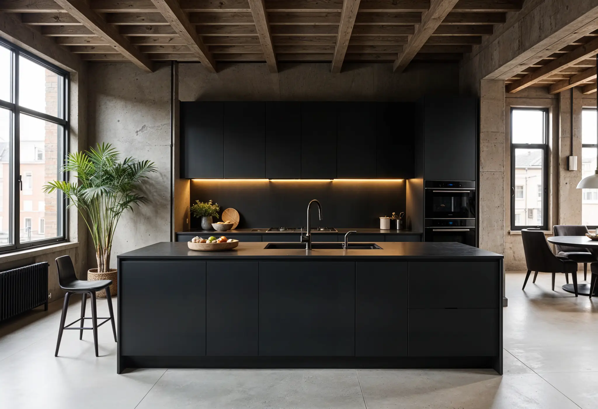 Loft kitchen with matte black island, oak accents, black countertops, and natural light from large windows