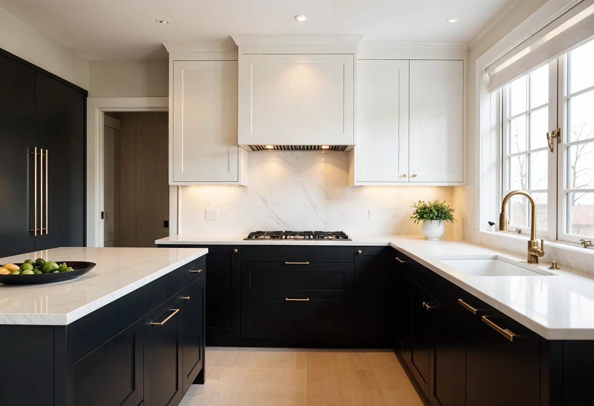 Two-tone kitchen with black matte lower cabinets, white upper cabinets, quartz countertops, and gold hardware