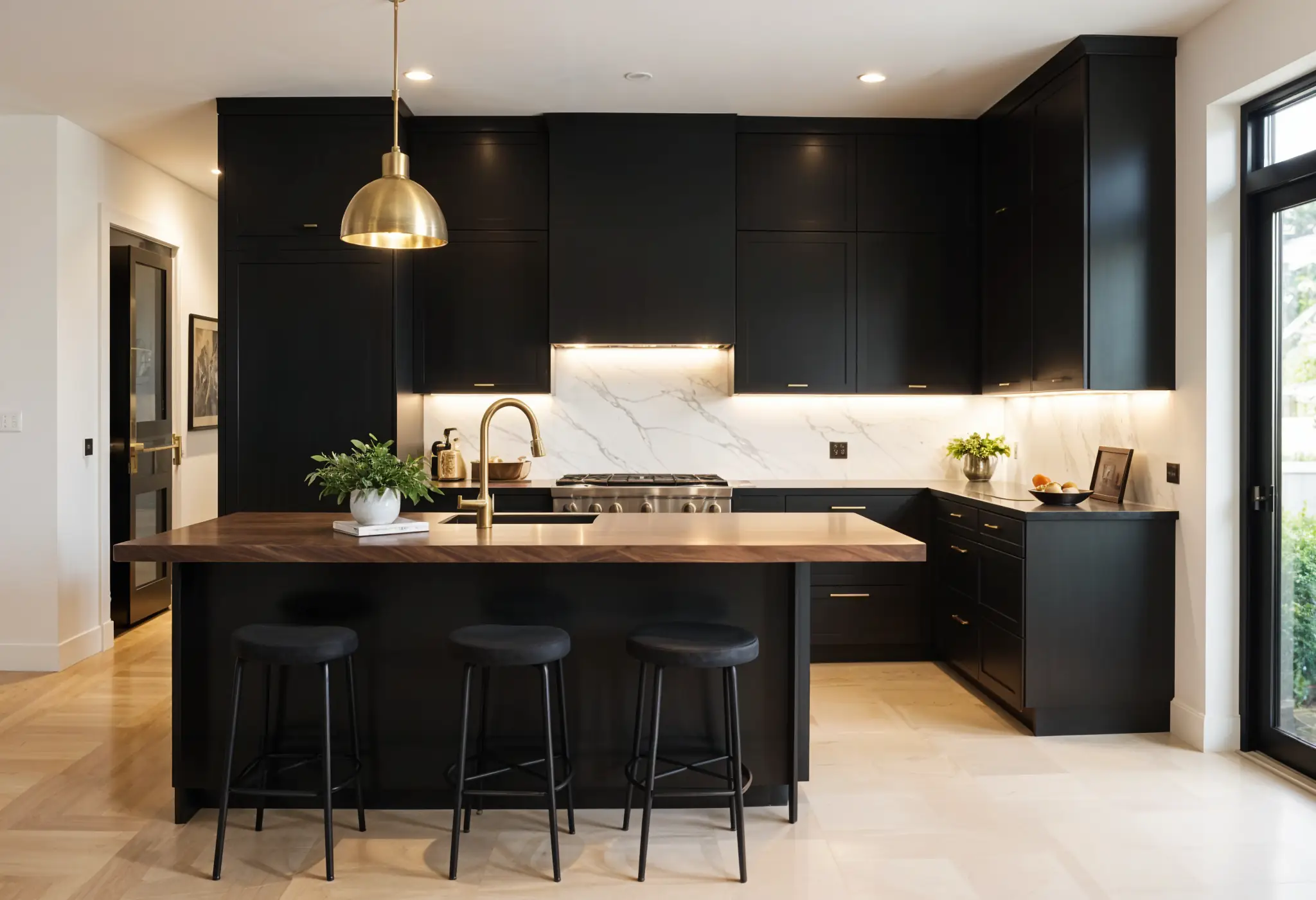 Kitchen with curved black satin cabinets, walnut butcher block, marble backsplash, and brass lighting