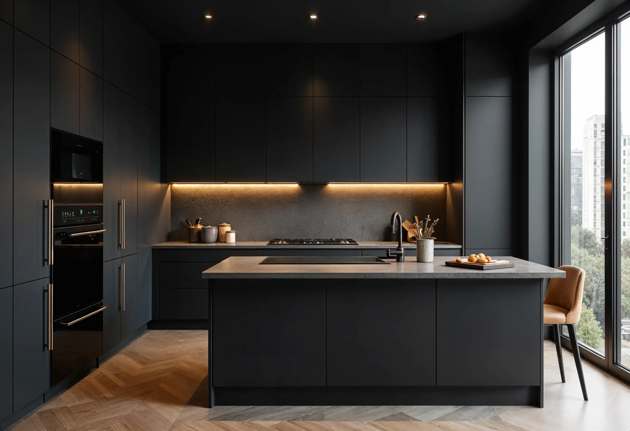 Moody kitchen with full matte black cabinets, concrete countertop, stone backsplash, and warm lighting
