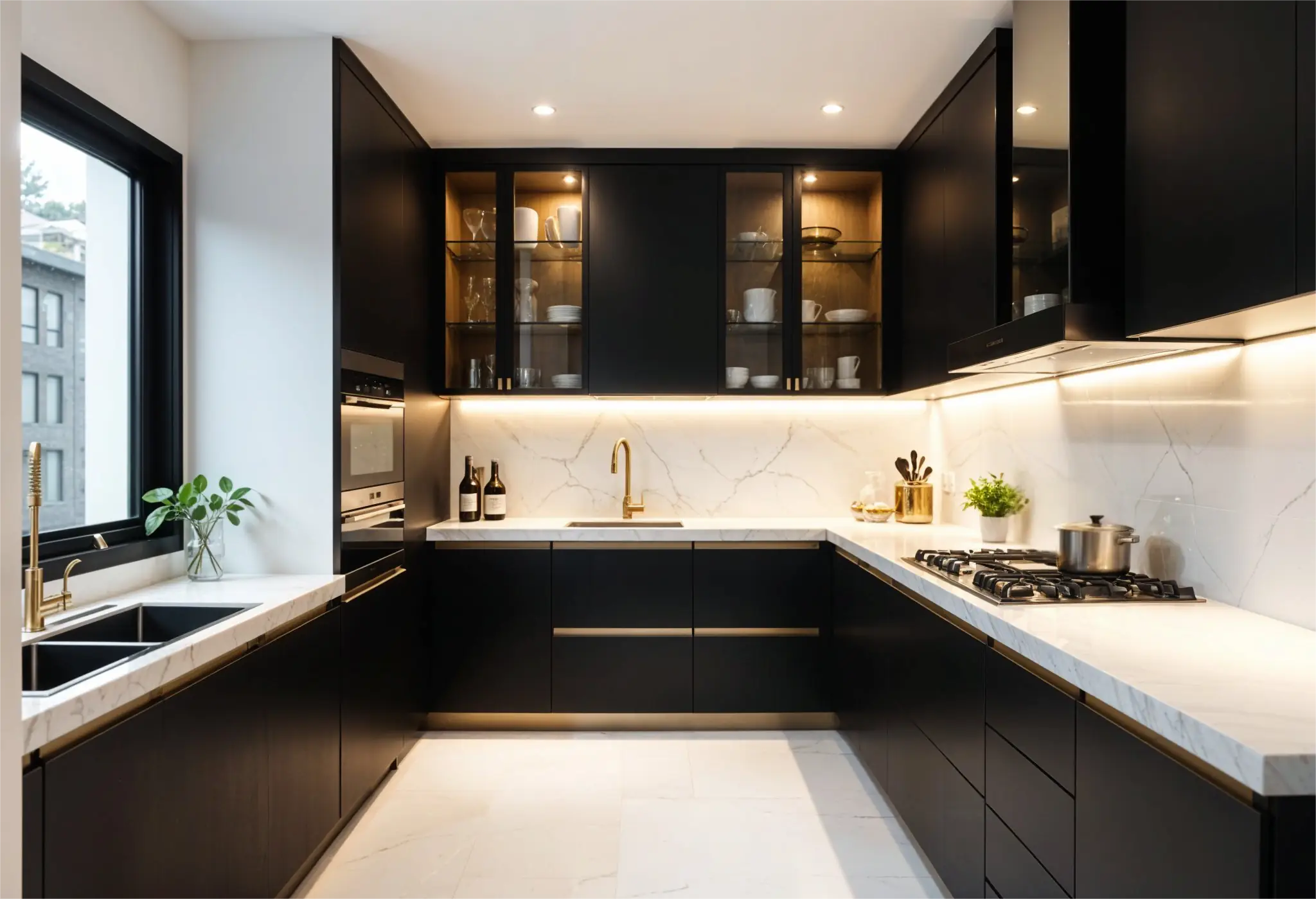 Compact kitchen with matte black lower cabinets, marble counters, glass-front uppers, and gold lighting