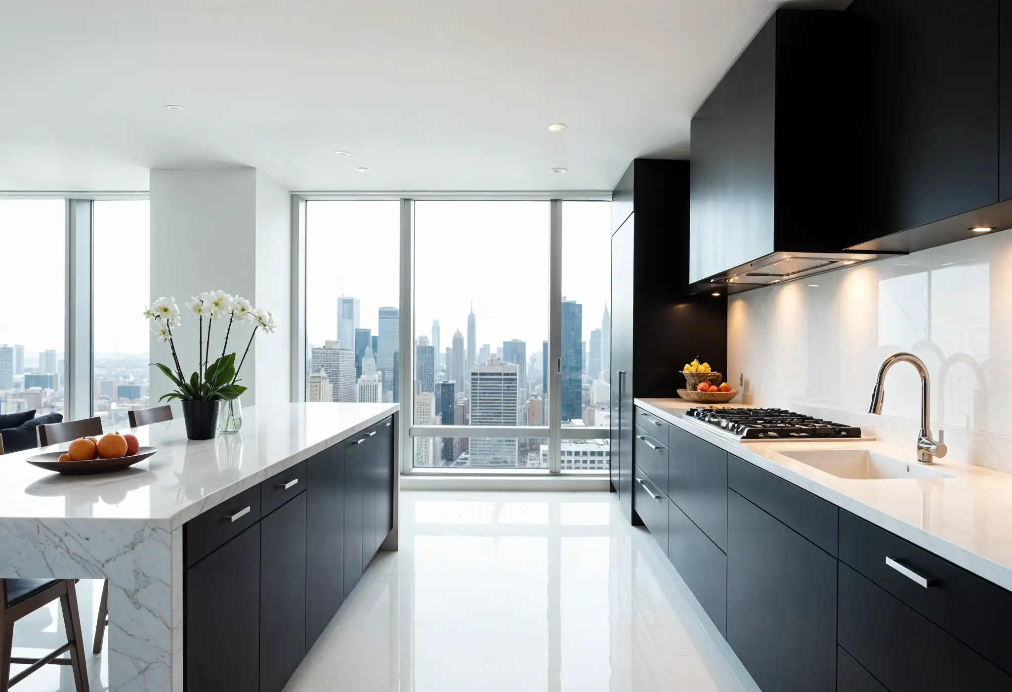 Penthouse kitchen with matte black cabinets, high-gloss floors, city view, and reflective finishes