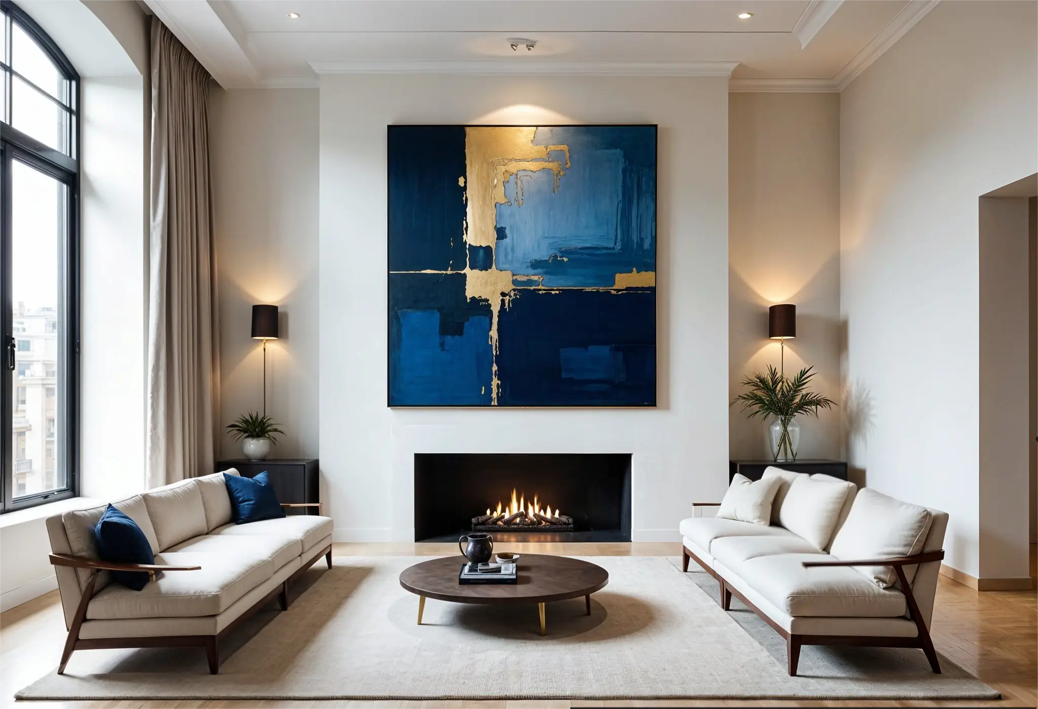 Large abstract artwork in blue and gold above a fireplace in a Manhattan luxury home.