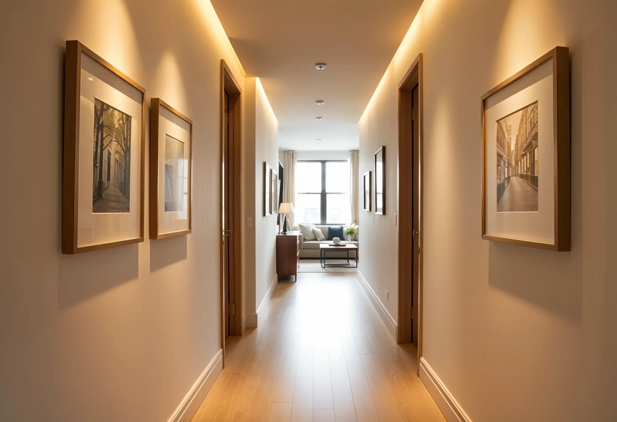 LED-lit hallway with a series of framed artworks in a Manhattan home.
