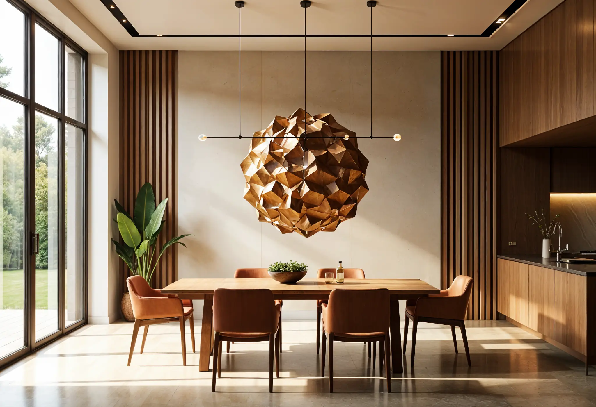 Sculptural art piece hanging in a modern luxury dining area with large windows.