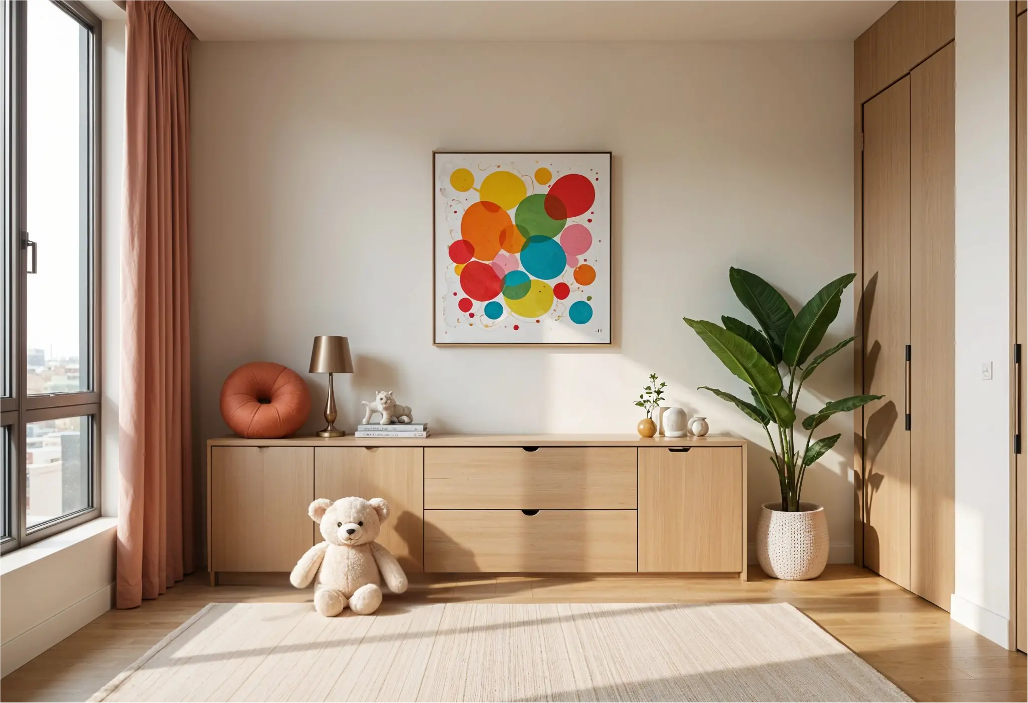 Colorful framed artwork above storage in a luxury Manhattan kids' room.