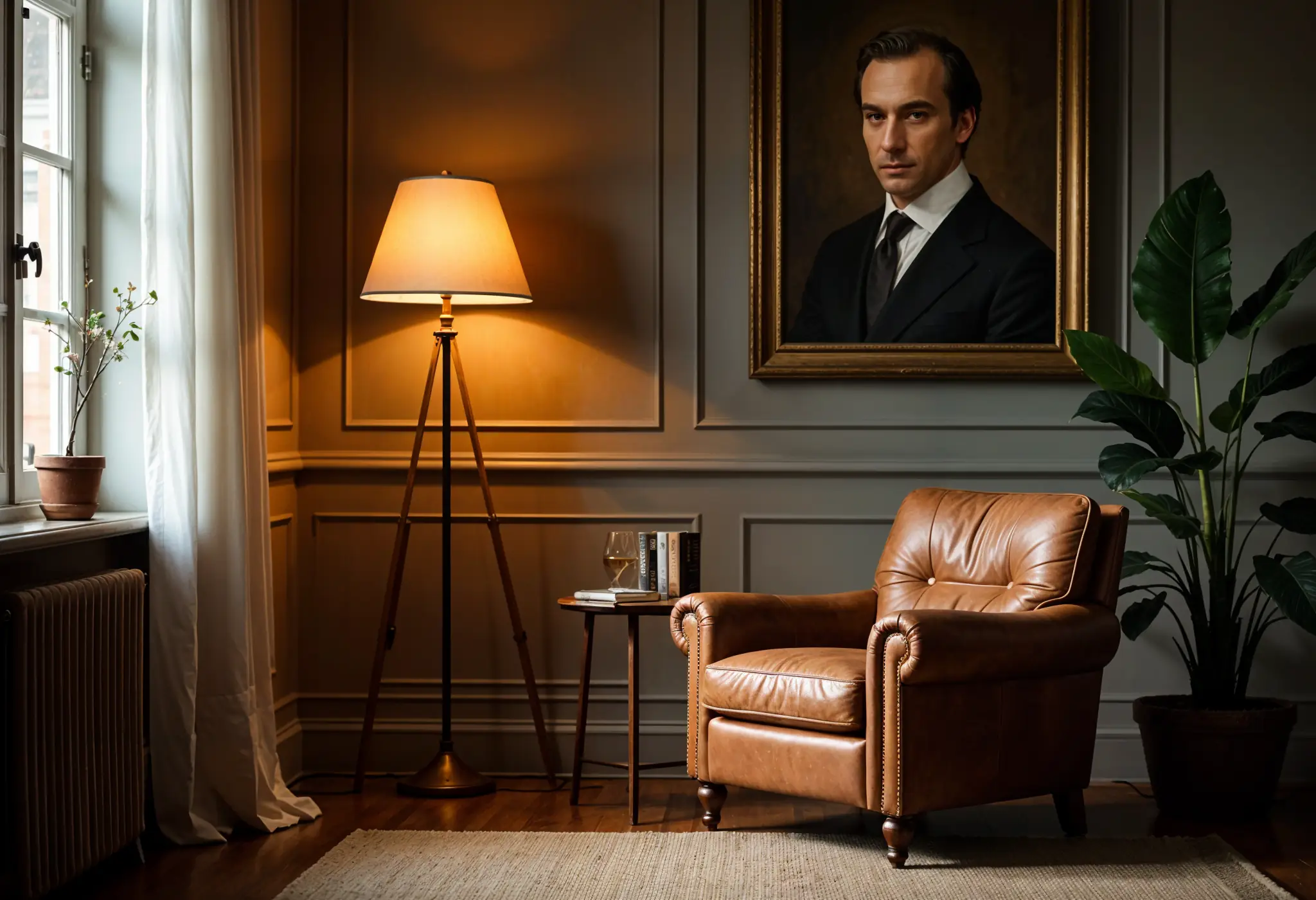 Portrait artwork above a leather chair in a reading nook.