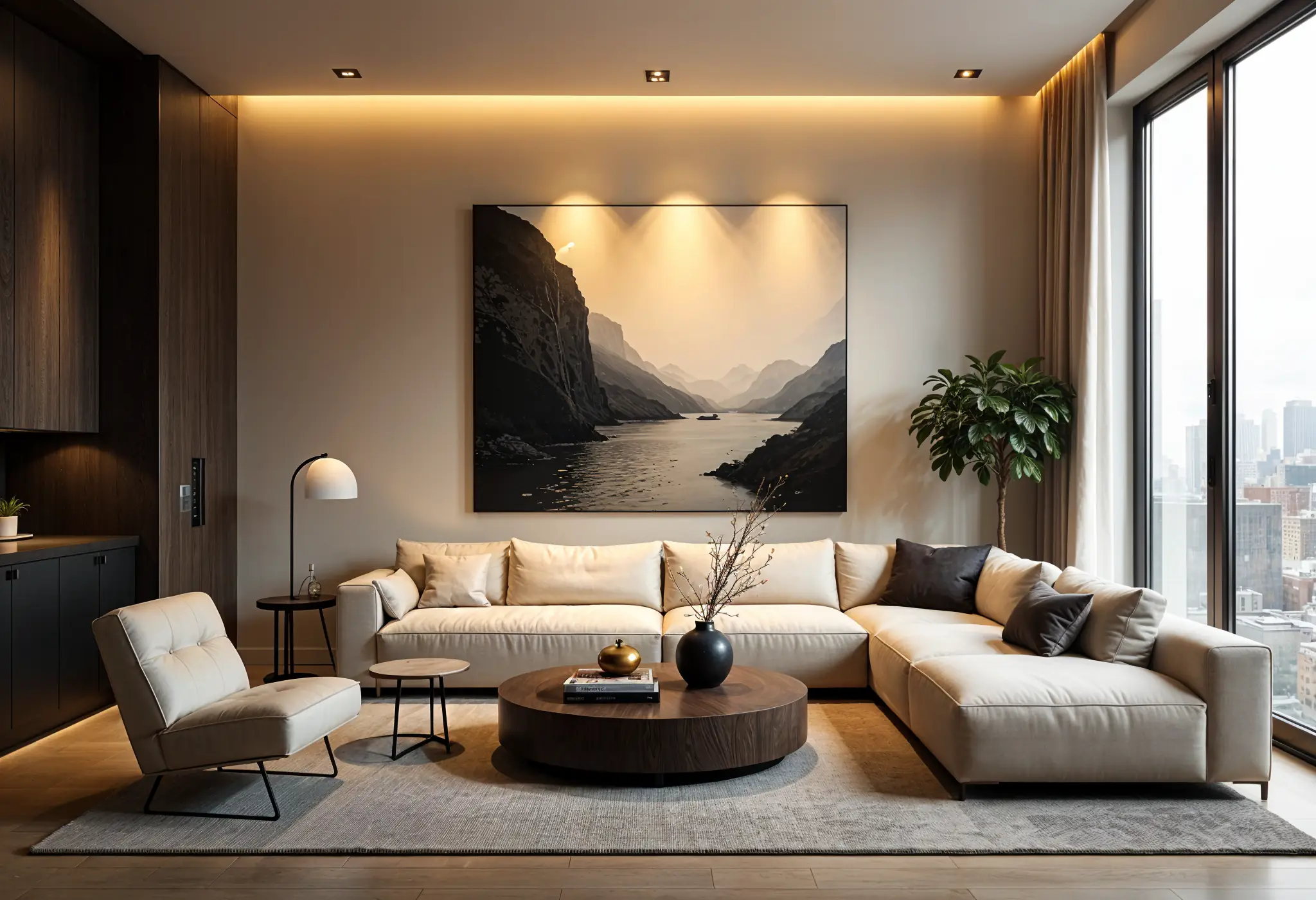 Smart lighting and speakers integrated with luxury art in a Manhattan apartment.