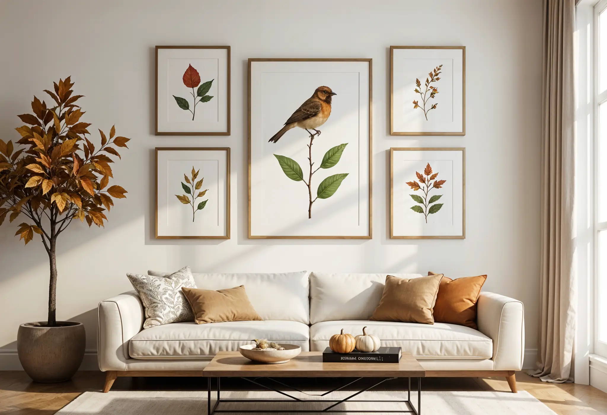 Autumn-themed gallery wall in a Manhattan luxury home.