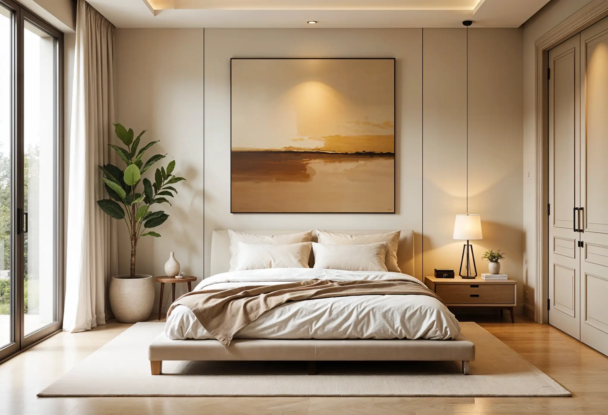 Abstract art above bed in a Manhattan master bedroom with luxury finishes.