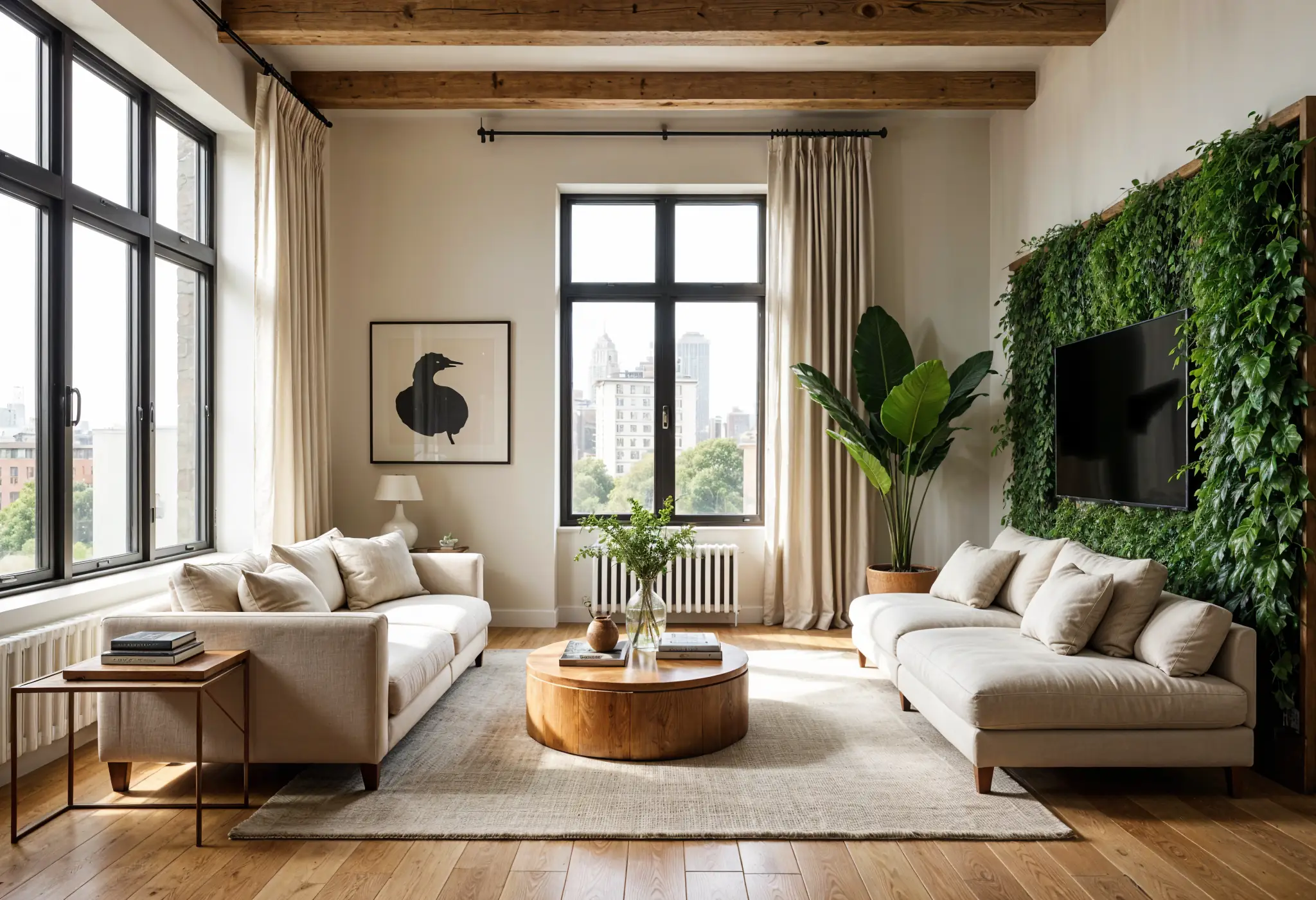 luxury Manhattan living room with FSC-certified wood and green wall