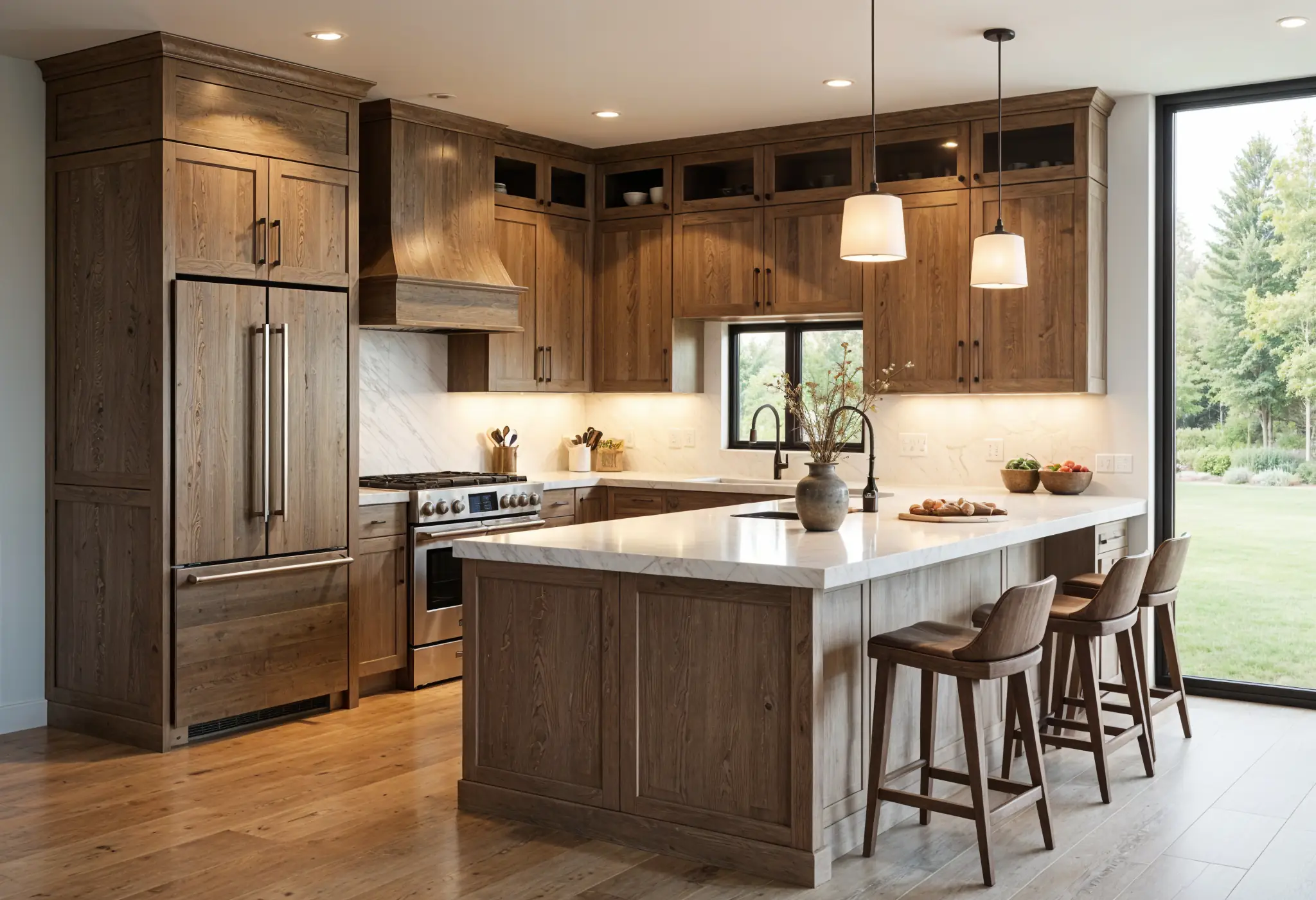 eco luxury kitchen with reclaimed wood cabinets and natural stone countertops